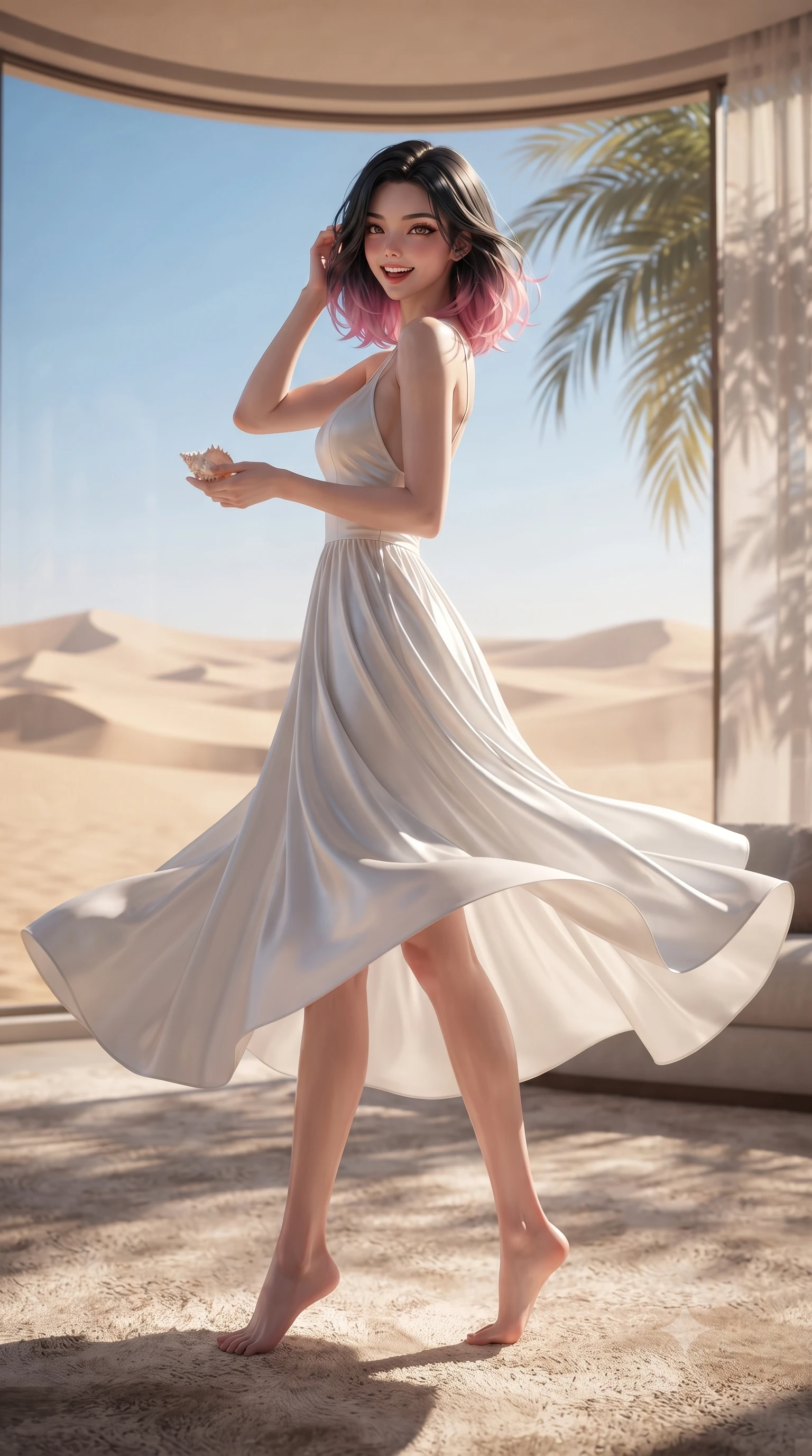 score_9, masterpiece, best quality, ultra-detailed, high-budget anime keyframe, editorial fashion photography, tasteful artistic composition, Korean woman. low angle full-body shot from head to toe showing her feet, filling the entire 9:16 vertical frame with her statuesque presence, stretching her vertical silhouette. twirling around with a playful, sensual laugh, her dress fluttering elegantly to accent her waistline set against a soft-focus background of inside a luxury dome resort room with a large panoramic window showing sand dunes holding a small seashell with a happy, cute expression. She has an absolutely perfect, statuesque 8.5-heads proportion, an exceptionally tall and slender model-like female figure with impossibly long slender legs and an ultra-slim waist. sharp v-shaped jawline, high-bridge nose, intricate jewel-like eyes with depth, thick eyelashes, glossy lips with a natural sheen. wearing form-contouring backless cotton sundress in white, featuring delicate straps and a long flowing skirt. soft afternoon sunbeams filtering through the palm leaves, casting gentle shadows. ultra-reflective glossy finish, specular highlights, metallic sheen, high-contrast stereoscopic depth, volumetric dynamic lighting, 2k, ultra detail, master piece, 9:16 ratio