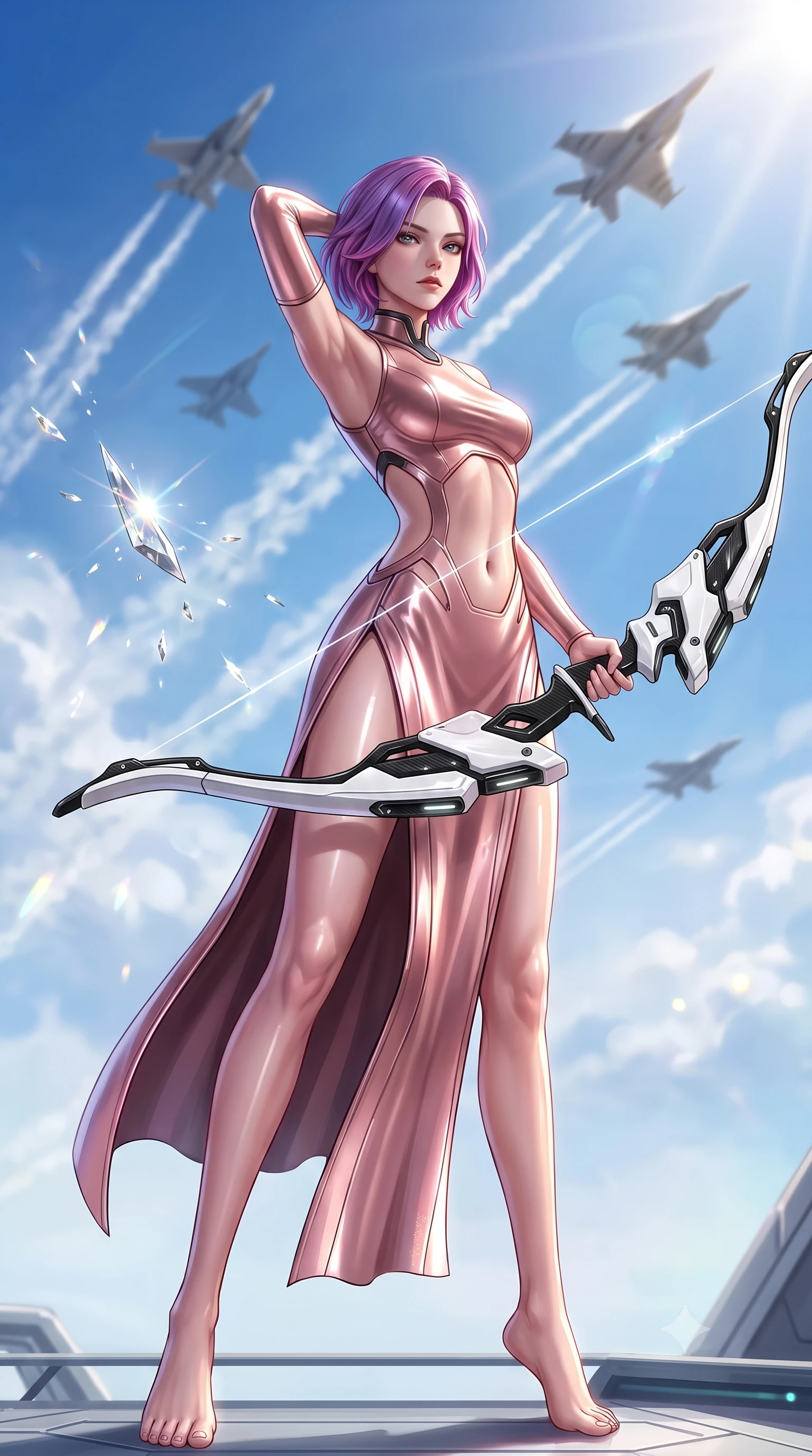 score_9, masterpiece, best quality, ultra-detailed, high-budget anime keyframe, semi-realistic 3D game render, editorial fashion photography, tasteful artistic composition, Caucasian woman. low angle full-body shot from head to toe showing her feet, filling the entire 9:16 vertical frame with her statuesque presence, stretching her vertical silhouette. arching her spine in a fluid zero-gravity combat turn with sovereign grace, her long slender legs and sculpted torso creating a sweeping line of power while arching her back in fluid poise as supersonic jet fighters streak overhead through brilliant high-altitude sunlight. The composition keeps background elements in soft focus with creamy bokeh. glistening nano-crystal blade facets scattering bright sun glints across a breathtaking sky backdrop. She has an absolutely perfect, statuesque 8.5-heads proportion, an exceptionally tall and slender model-like female figure with impossibly long slender legs, a toned flat midriff, and an ultra-slim waist. sharp v-shaped jawline, high-bridge nose, intricate jewel-like eyes with depth, thick eyelashes, glossy lips with a natural sheen, flawlessly proportioned anatomical accuracy, strict slender model proportions, natural body alignment, perfectly sculpted long slender limbs, ultra-slim waistline, clean dynamic posture without body distortion. wearing a form-fitting luminous rose-gold carbon combat gown with tactical side slits, wielding a floating magnetic energy bow with celestial poise in monochrome white enamel carbon with high-contrast black panels, formed from high-gloss patent carbon-plating with specular chiaroscuro reflections, featuring a sleek aerodynamic collar framed by subtle glowing cybernetic status LEDs, the precision-cut daring openings accentuating her delicate midriff, graceful bare collarbones, and ultra-slim feminine waistline. illuminated by crisp specular highlights tracing her sculpted collarbones, waistline, and long slender legs. rich saturated anime colors with glowing neon highlights, detailed shading with soft gradients, rich glossy textures, high-contrast stereoscopic depth, volumetric dynamic lighting, master piece, 9:16 ratio