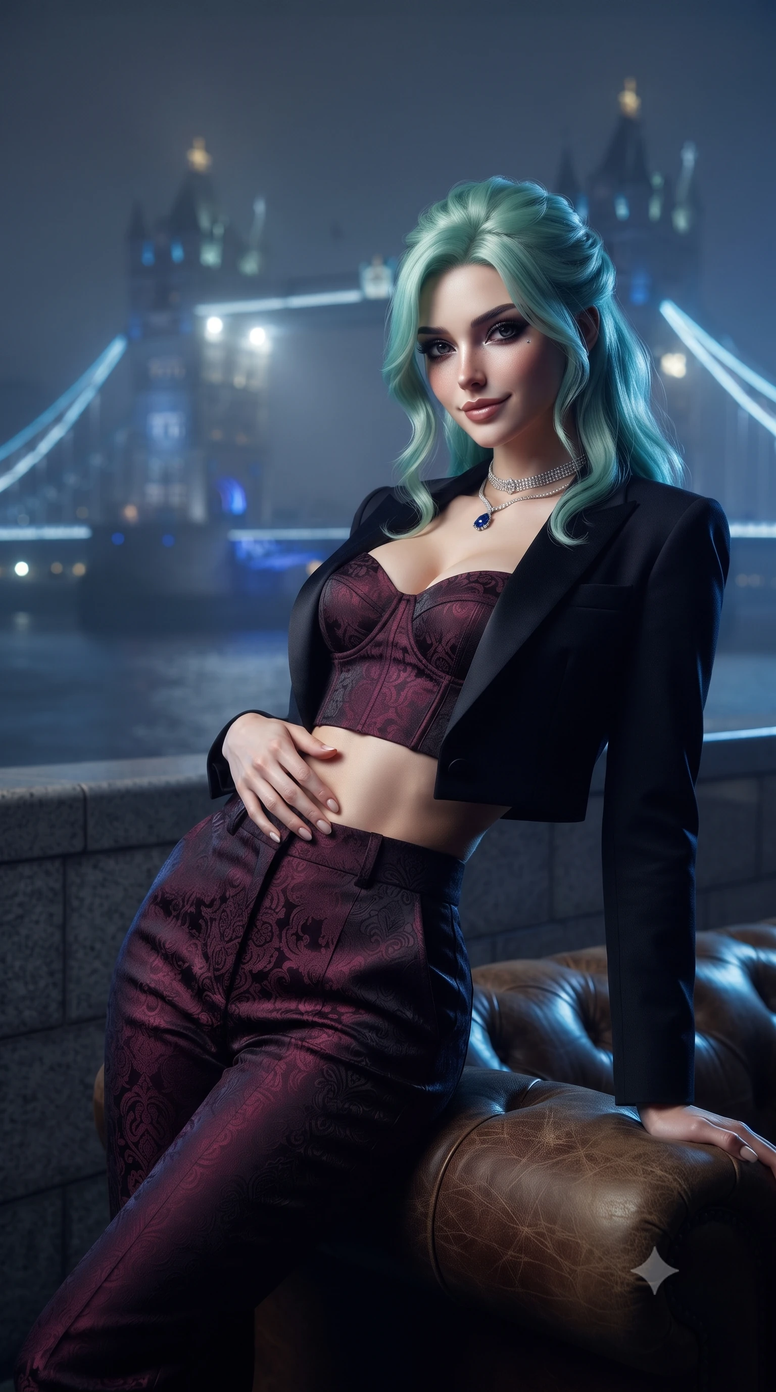 score_9, masterpiece, best quality, ultra-detailed, high-budget anime keyframe, editorial fashion photography, tasteful artistic composition, Japanese woman. close-up cowboy shot from the waist and thighs up, the character dominates the composition, filling the frame with her large presence. leaning back against the leather lounge with relaxed seductive grace, one hand resting on her flat midriff as her narrow waist and curvy hips command the frame while standing at the riverside stone parapet wrapped in the cool night fog, arching her back with sovereign grace as the illuminated Tower Bridge towers behind. The composition keeps background elements in soft focus with dreamy creamy bokeh. the iconic gothic stone towers of Tower Bridge glowing in blue and gold through swirling night mist blurred into cobalt, topaz, and slate bokeh. She has an exceptionally elegant, slender, and willowy female figure with an ultra-slim waist, flat toned midriff, narrow ribcage, and sculpted feminine hips creating an alluring, slim hourglass silhouette without bulk. sharp v-shaped jawline, high-bridge nose, intricate jewel-like dark sparkling eyes with dangerous depth, thick curled eyelashes, glossy parted lips with a rich wine sheen, smoldering seductive half-smile with bedroom-eyes, exuding effortless superiority and intoxicating dark allure, flawlessly proportioned anatomical accuracy, strict slender model proportions, natural body alignment, perfectly sculpted long slender limbs, ultra-slim waistline, clean dynamic posture without body distortion. wearing a tailored cropped midnight-black tuxedo blazer worn over a structured bustier top and high-waisted cigarette trousers in deep wine burgundy and lustrous obsidian, tailored from rich silk jacquard with subtle embossed baroque patterns, finished with a delicate diamond choker catching the chandelier light, the liquid-tight tailored fabric clinging flawlessly to her narrow waist and rounded feminine hips, emphasizing every millimeter of her sculpted slim hourglass curves without any bulky heaviness. illuminated by dramatic mist-scattering key lights and cool blue rim lighting carving her slim torso, narrow waist, and curvy hips. ultra-reflective glossy finish, specular highlights, rich textural contrasts, high-contrast stereoscopic depth, volumetric dynamic lighting, 2k, ultra detail, master piece, 9:16 ratio