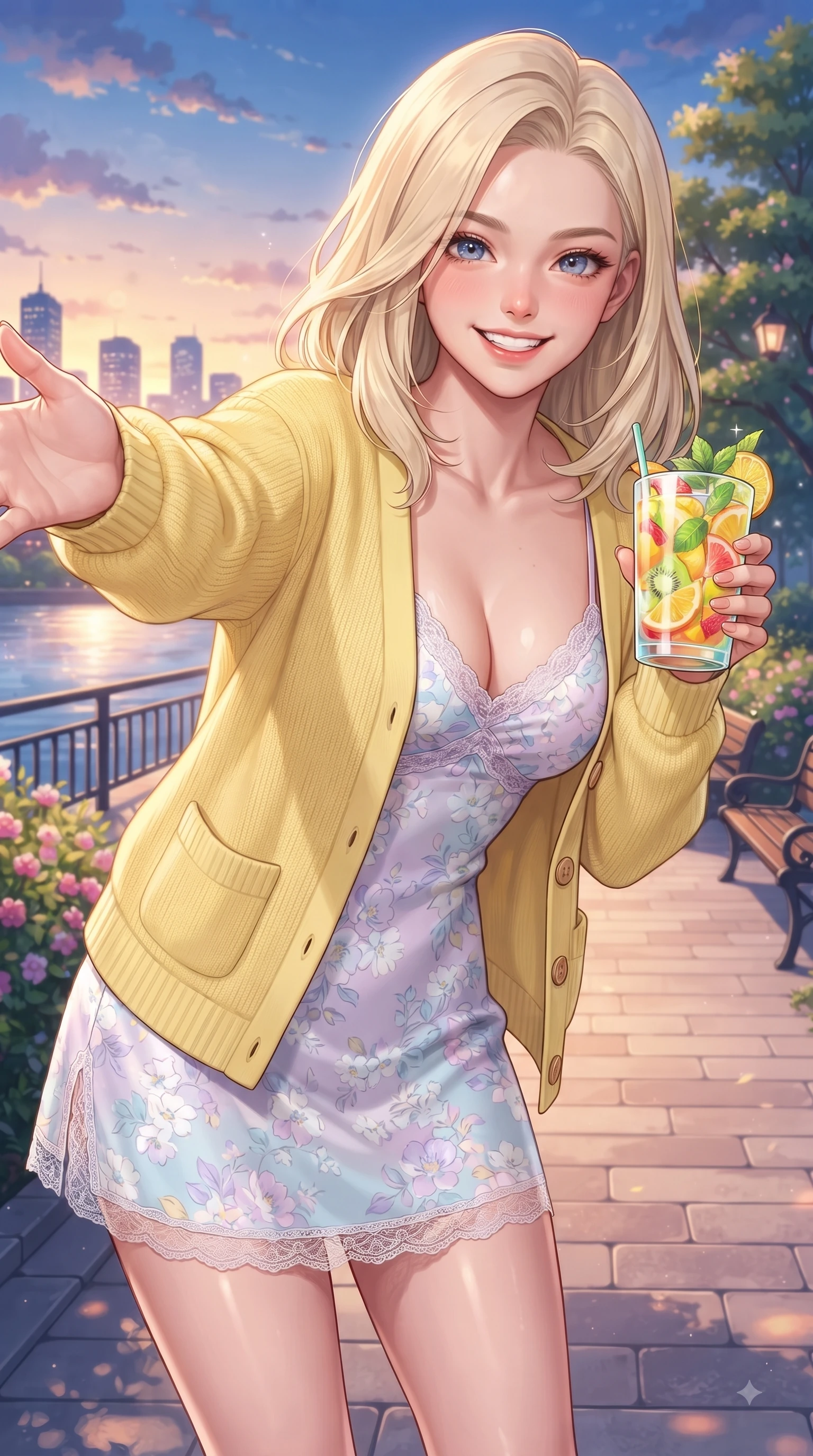 score_9, masterpiece, best quality, ultra-detailed, high-budget anime keyframe, editorial fashion photography, tasteful artistic composition, Caucasian woman. close-up cowboy shot from the waist and thighs up, the character dominates the composition, filling the frame with her large presence. Cheerful beaming smile with sparkling eyes and a fresh girlhood aura, leaning forward with playful grace while reaching one hand out playfully toward the camera holding a refreshing fruit drink with a sweet grin. The surrounding environment is rendered in vivid detail and crisp panoramic clarity. scenic riverside walking paths and twinkling city skyline outlines in rich clarity. She has an exceptionally elegant, slender, and willowy female figure with an ultra-slim waist, a gracefully sculpted slender torso, and a refined silhouette. sharp v-shaped jawline, high-bridge nose, intricate jewel-like eyes with depth, thick eyelashes, glossy lips with a natural sheen, flawlessly proportioned anatomical accuracy, natural body alignment, perfectly sculpted elegant limbs, clean dynamic posture without body distortion. wearing a fresh lemon-yellow cardigan over a white floral print slip dress in soft pastel lavender and sky blue, knitted from soft cozy cashmere yarn, finished with neat front wooden buttons and pocket details, the chic real-way fashion cut emphasizing her effortless charm. surrounded by a serene, uplifting, and romantic park ambiance. ultra-reflective glossy finish, specular highlights, metallic sheen, high-contrast stereoscopic depth, volumetric dynamic lighting, 2k, ultra detail, master piece, 9:16 ratio