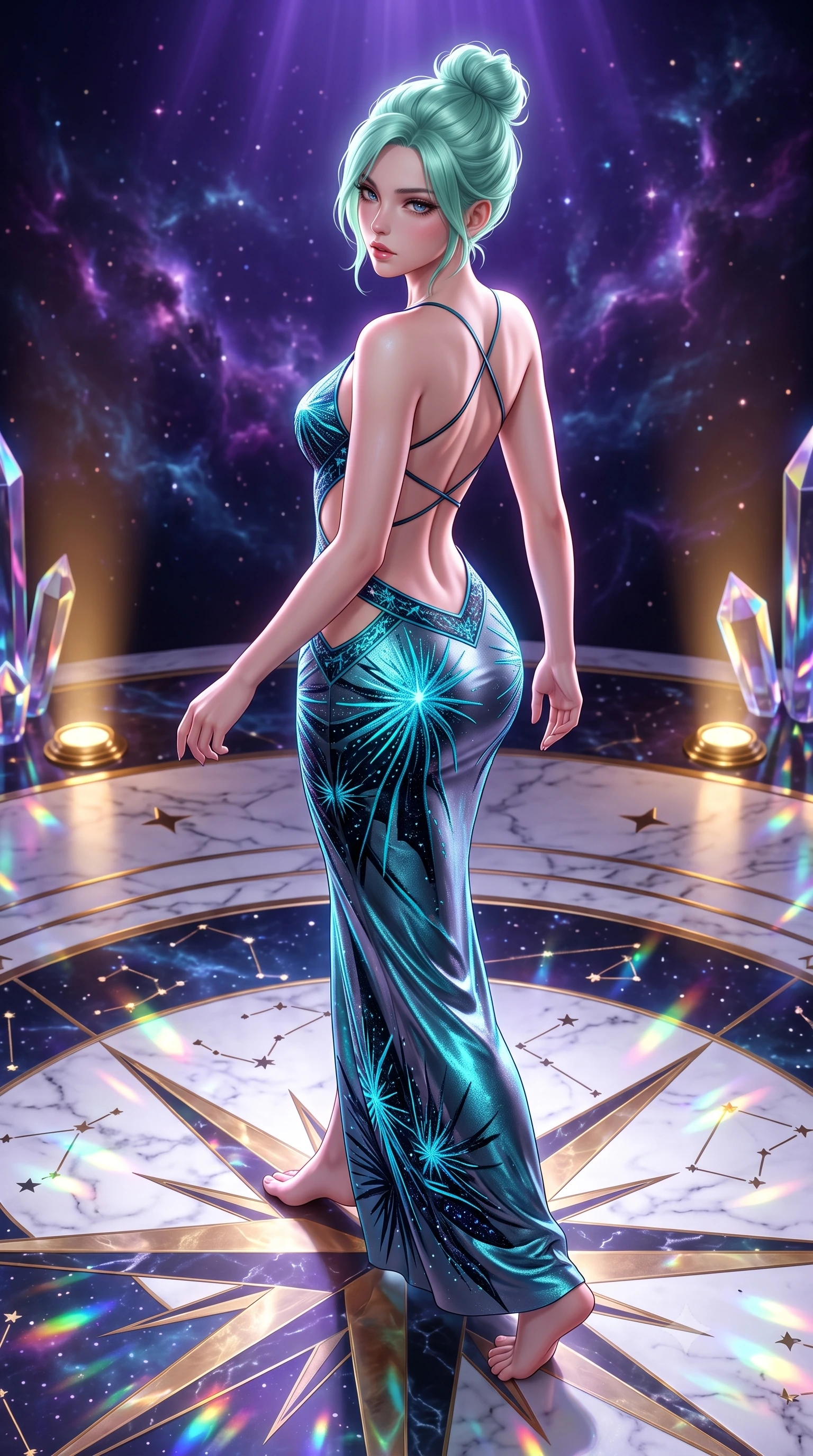 score_9, masterpiece, best quality, ultra-detailed, high-budget anime keyframe, semi-realistic 3D game render, editorial fashion photography, tasteful artistic composition, Japanese woman. low angle full-body shot from head to toe showing her feet, filling the entire 9:16 vertical frame with her statuesque presence, stretching her vertical silhouette. posing with back turned slightly to the lens, glancing back with smoldering allure as she arches her lower back to emphasize her sculpted feminine hips and slender waist while striding across the illuminated marble star-chart floor, hips swaying with sovereign cosmic empress charisma. The surrounding environment is rendered in vivid detail and crisp panoramic clarity. detailed deep-space nebula filaments, crystal prism reflections, and marble floor inlay in high clarity. She has an absolutely perfect, statuesque 8.5-heads proportion, an exceptionally tall and slender model-like female figure with impossibly long slender legs, a toned flat midriff, an ultra-slim waist, and beautifully sculpted feminine hips. sharp v-shaped jawline, high-bridge nose, intricate jewel-like eyes with depth, thick eyelashes, glossy parted lips with a natural sheen, intensely captivating and seductive bedroom-eyes expression, flawlessly proportioned anatomical accuracy, strict slender model proportions, natural body alignment, perfectly sculpted long slender limbs, ultra-slim waistline, clean dynamic posture without body distortion. wearing an asymmetric one-shoulder metallic gown with celestial starburst embroidery and bare side cutouts in electric cyan and deep interstellar black, tailored from fluid silk crepe with delicate inner corsetry boning, finished with criss-cross back straps highlighting her graceful bare spine, the second-skin form-contouring cut accentuating her sculpted flat midriff, narrow waistline, and dramatically curvy hips without adding bulk. bathed in cool violet nebula glow from above and warm golden brass indicator uplights. highly saturated vibrant anime colors, detailed shading with soft gradients, rich glossy textures, high-contrast stereoscopic depth, volumetric dynamic lighting, master piece, 9:16 ratio