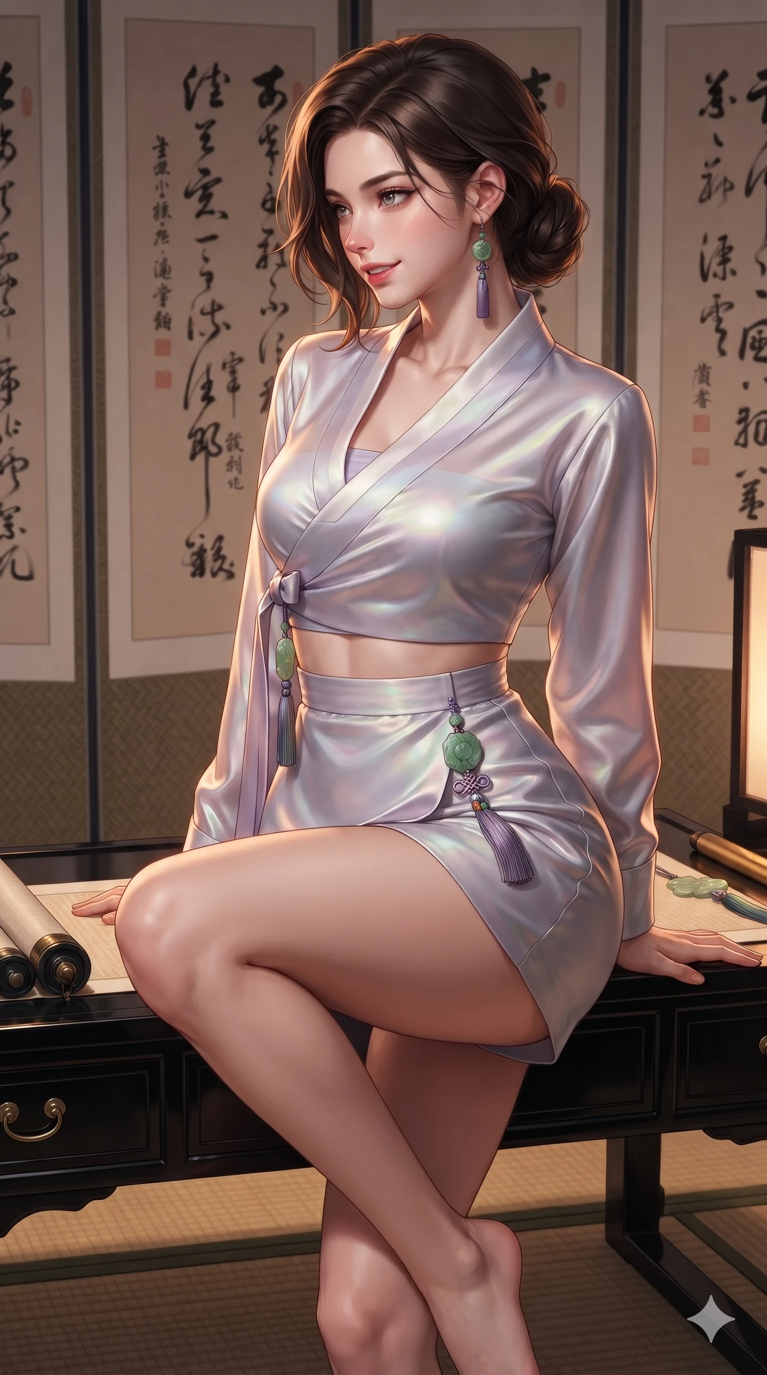 score_9, masterpiece, best quality, ultra-detailed, high-budget anime keyframe, editorial fashion photography, tasteful artistic composition, Korean woman. close-up cowboy shot from the waist and thighs up, the character dominates the composition, filling the frame with her large presence. twisting her slender torso in a deep contrapposto stance, hips dramatically shifted to accentuate her feminine curves while looking past her shoulder with smoldering bedroom-eyes while perched sideways on the low black lacquer writing desk, one knee drawn up to showcase her slender leg line while her arched back accentuates her curves. The surrounding environment is rendered in vivid detail and crisp panoramic clarity: sharp ink stroke textures on mulberry paper, woven tatami edge binding, and polished brass scroll weights in deep focus. She has an exceptionally elegant, slender, and willowy female figure with an ultra-slim waist, flat toned midriff, narrow ribcage, and sculpted feminine hips creating an alluring, slim hourglass silhouette without bulk. sharp v-shaped jawline, high-bridge nose, sparkling eyes with hypnotic seductive depth, thick curled eyelashes, glossy parted lips with a natural dewy peach sheen, alluring bedroom-eyes with an enchanting coquettish smile, exuding magnetic siren charisma and sophisticated glamour, flawlessly proportioned anatomical accuracy, strict slender model proportions, natural body alignment, perfectly sculpted long slender limbs, ultra-slim waistline, clean dynamic posture without body distortion. wearing a deep V-neck wrap jeogori blouse layered over an opaque silk bandeau and high-waisted wrap shorts in iridescent mother-of-pearl and misty lavender, tailored from smooth liquid silk satin with a natural dewy moonlight sheen, finished with authentic carved jade pendants and traditional norigae knots, the form-fitting cut adhering flawlessly to her sculpted flat midriff and slender torso, emphasizing her long leg lines and perfectly proportioned willowy build. illuminated by black lacquer desk bounce and sharp warm-amber rim lights sculpting her razor-sharp jawline, narrow waist, and curvy hips. ultra-reflective glossy finish, specular highlights, rich textural contrasts, high-contrast stereoscopic depth, volumetric dynamic lighting, 2k, ultra detail, master piece, 9:16 ratio