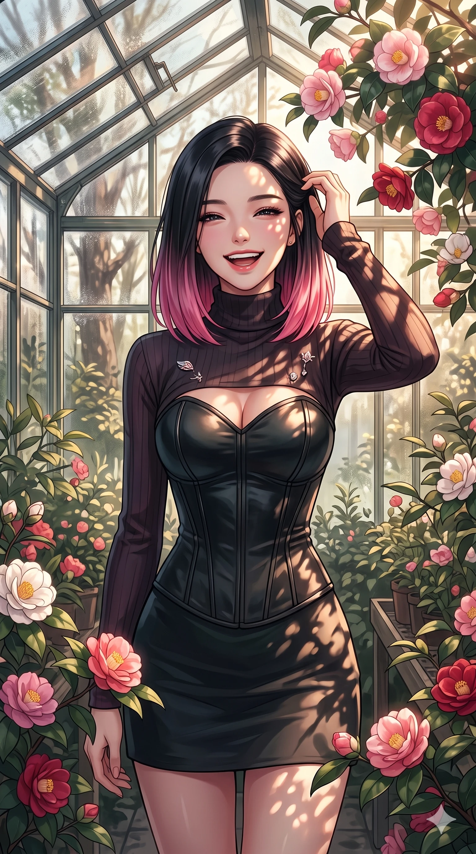 score_9, masterpiece, best quality, ultra-detailed, high-budget anime keyframe, vibrant anime aesthetic, Korean woman. cowboy shot from the thighs up, character and outfit filling the frame for maximum presence. She is laughing happily while running her fingers through her hair in the winter sun inside a glass greenhouse with blooming winter camellias (Code-P21-165). She has an absolutely perfect 8-heads proportion, an exceptionally tall and slender female figure with impossibly long slender legs and an ultra-slim waist. V-shaped jawline, high-bridge nose, intricate jewel-like eyes with depth, thick eyelashes, glossy lips with a natural sheen. wearing a leather corset with sweetheart neckline revealing her cleavage in winter. She is bathed in dappled sunlight filtering through autumn maples, creating organic shadows. 2k, ultra detail, master piece, 9:16 ratio