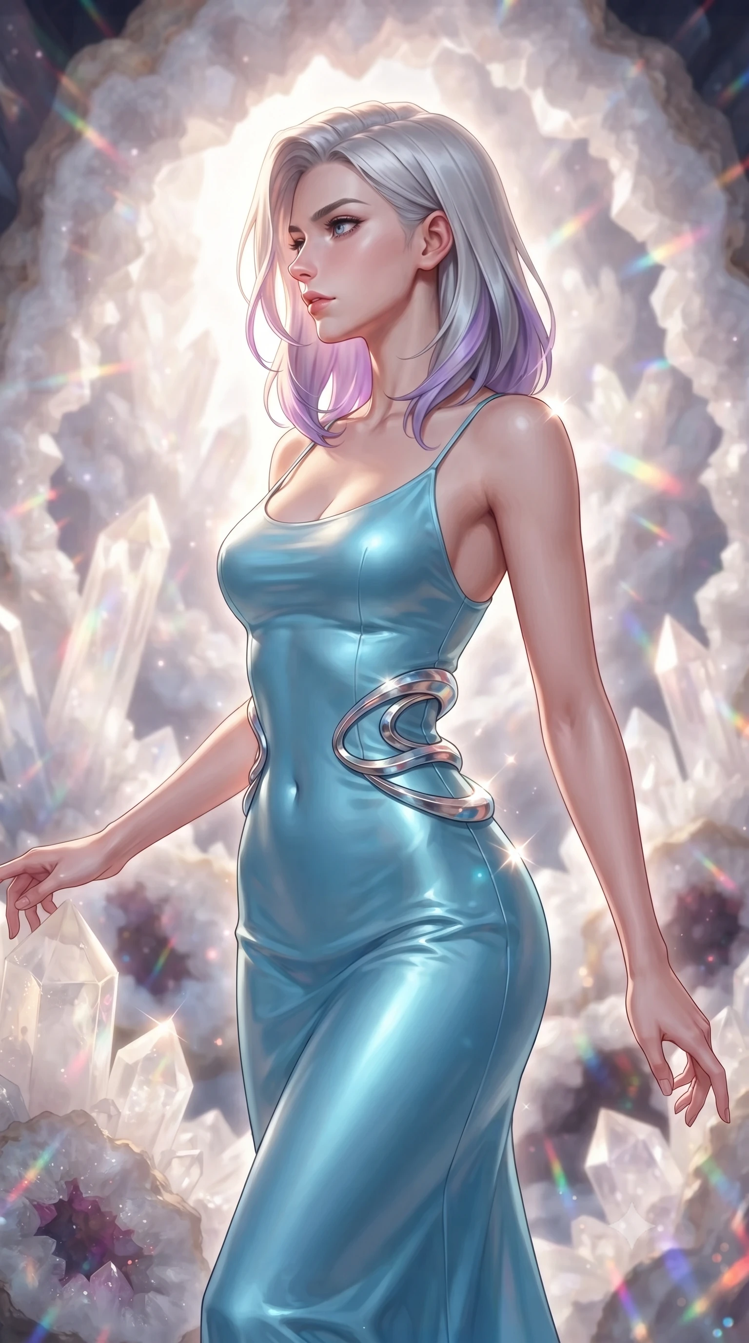 score_9, masterpiece, best quality, ultra-detailed, high-budget anime keyframe, editorial fashion photography, tasteful artistic composition, Caucasian woman. close-up cowboy shot from the waist and thighs up, the character dominates the composition, filling the frame with her large presence, background elements kept in soft focus. Turning her face in sharp dramatic profile against the radiant light, inside a colossal white quartz geode cavern illuminated by glowing crystal spires, raw geode crystal facets scattering rose, violet, and gold specular rays. She has an exceptionally elegant, slender, and willowy female figure with an ultra-slim waist, a gracefully sculpted slender torso, and a refined silhouette. sharp v-shaped jawline, high-bridge nose, intricate jewel-like eyes with depth, thick eyelashes, glossy lips with a natural sheen. wearing form-contouring liquid silver jersey long slip dress in sky blue turquoise, made of sculpted platinum chrome, accented with sculpted opal chrome rings at the waist, sculpting her athletic slender build with refined precision. surrounded by a glowing inner light aura with sharp specular glints. highly saturated vibrant anime colors, detailed shading with soft gradients, rich glossy textures, high-contrast stereoscopic depth, volumetric dynamic lighting, master piece, 9:16 ratio