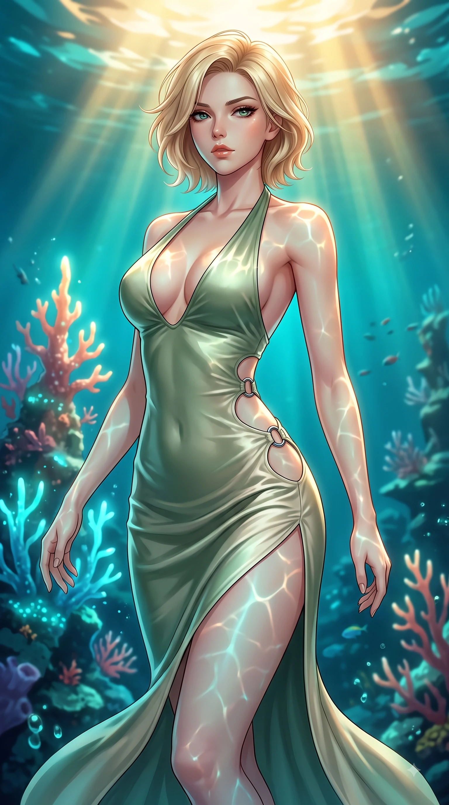score_9, masterpiece, best quality, ultra-detailed, high-budget anime keyframe, editorial fashion photography, tasteful artistic composition, Caucasian woman. close-up cowboy shot from the waist and thighs up, the character dominates the composition, filling the frame with her large presence, background elements kept in soft focus. Gazing past the lens with smoldering intensity as her torso curves dynamically in mid-stride while floating dynamically near a glowing coral spire as sunbeams penetrate deep turquoise ocean rays, golden sunbeams penetrating deep turquoise water creating caustic light ripples across her skin. She has an exceptionally elegant, slender, and willowy female figure with an ultra-slim waist, a gracefully sculpted slender torso, and a refined silhouette. sharp v-shaped jawline, high-bridge nose, intricate jewel-like eyes with depth, thick eyelashes, glossy lips with a natural sheen, flawlessly proportioned anatomical accuracy, natural body alignment, perfectly sculpted elegant limbs, clean dynamic posture without body distortion. wearing a deep-scoop halter bodycon dress with hip cutouts connected by silver rings in sage green and oatmeal, crafted from lustrous satin jersey with fluid draping, finished with a sleek side slit ascending to mid-thigh, the sleek second-skin texture accentuating her magnetic presence. illuminated by luminous aqua bioluminescence and warm golden top lighting. highly saturated vibrant anime colors, detailed shading with soft gradients, rich glossy textures, high-contrast stereoscopic depth, volumetric dynamic lighting, master piece, 9:16 ratio