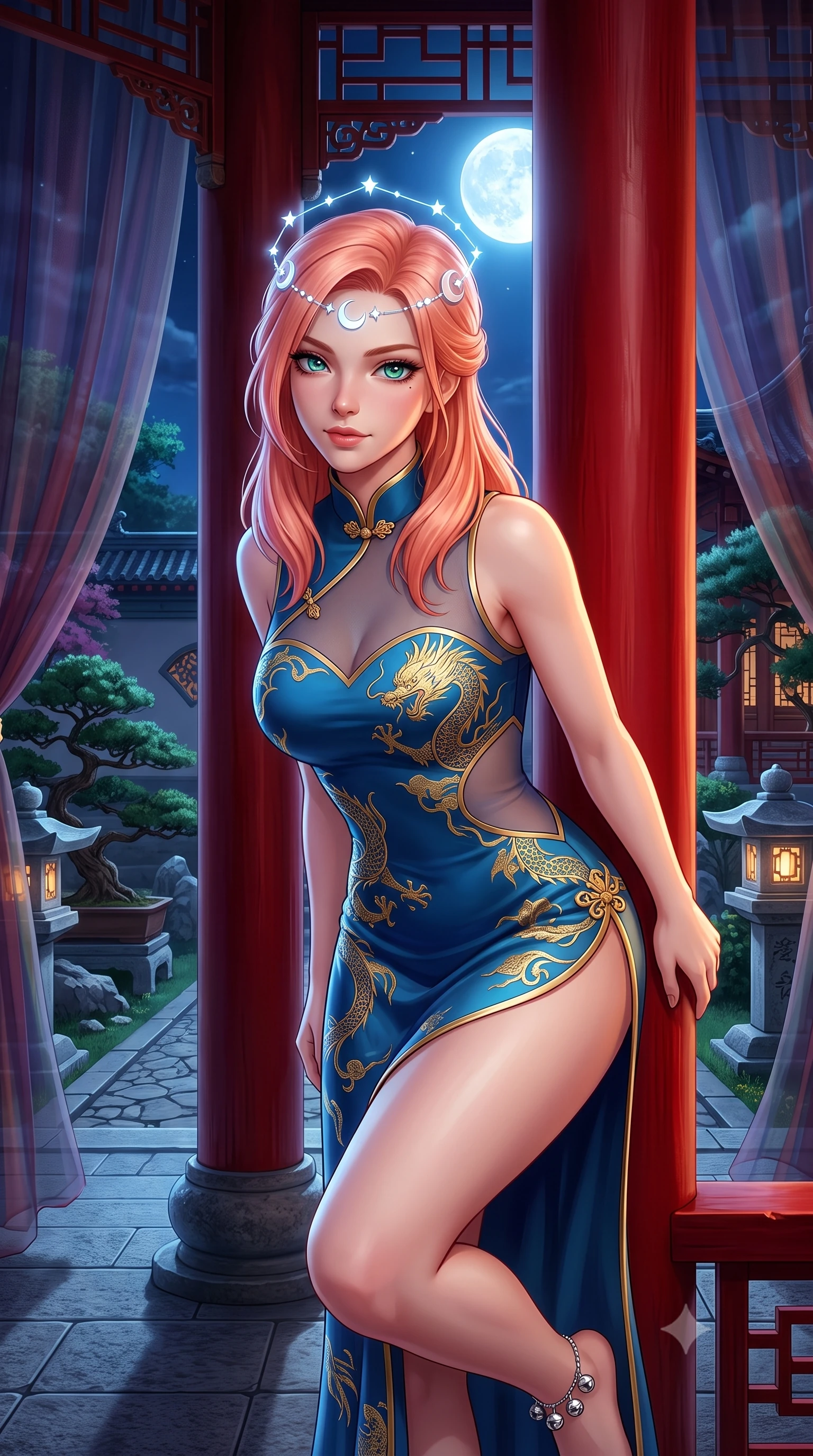 score_9, masterpiece, best quality, ultra-detailed, high-budget anime keyframe, semi-realistic 3D game render, editorial fashion photography, tasteful artistic composition, Japanese woman. close-up cowboy shot from the waist and thighs up, the character dominates the composition, filling the frame with her large presence. leaning forward with playful, captivating grace, her sculpted collarbones and slender neckline highlighted by directional light while leaning against the scarlet pillar of a moonlit silk gazebo as translucent organza curtains sway in the night breeze. The surrounding environment is rendered in vivid detail and crisp panoramic clarity. transcendent nocturnal oriental chiaroscuro and magical moonlit garden architecture in precision. She has an exceptionally elegant, slender, and willowy female figure with an ultra-slim waist, a gracefully sculpted slender torso, toned flat midriff, and a refined slim silhouette. sharp v-shaped jawline, high-bridge nose, intricate jewel-like eyes with depth, thick eyelashes, glossy lips with a natural sheen, captivating and magnetic expression, flawlessly proportioned anatomical accuracy, strict slender model proportions, natural body alignment, perfectly sculpted long slender limbs, ultra-slim waistline, clean dynamic posture without body distortion. wearing a dragon-embroidered silk cheongsam modern dress with asymmetrical sheer mesh cutouts and high Mandarin collar in deep azure blue and gold leaf embroidery, crafted from traditional Korean gossamer silk organza with pearlescent luster, accented with dainty silver ankle bells and a glowing constellation circlet, the breezy yet form-flattering drape swaying gracefully with her steps, accentuating her long willowy limbs and slim waistline. surrounded by an otherworldly, sacred, and breathtakingly pure moon goddess aura. highly saturated vibrant anime colors, detailed shading with soft gradients, rich glossy textures, high-contrast stereoscopic depth, volumetric dynamic lighting, master piece, 9:16 ratio