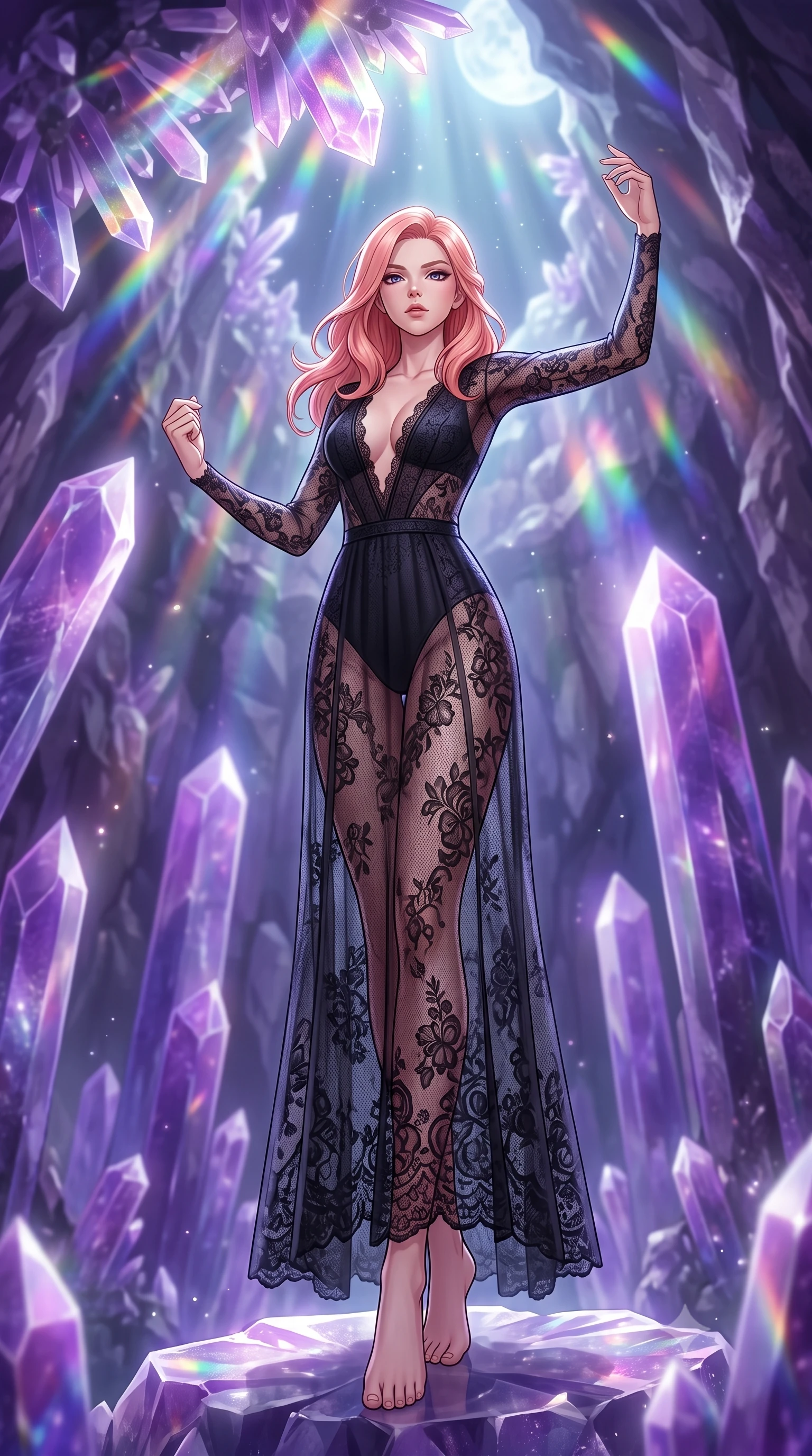 score_9, masterpiece, best quality, ultra-detailed, high-budget anime keyframe, editorial fashion photography, tasteful artistic composition, Japanese woman woman. low angle full-body shot from head to toe showing her feet, filling the entire 9:16 vertical frame with her statuesque presence, stretching her vertical silhouette. She has an absolutely perfect, statuesque 8.5-heads proportion, an exceptionally tall and slender model-like female figure with impossibly long slender legs and an ultra-slim waist. standing victorious in a commanding statuesque pose, filling the frame with her slender presence, flawlessly proportioned anatomical accuracy, natural body alignment, perfectly sculpted elegant limbs, clean dynamic posture without body distortion. set against a soft-focus background of a deep geode cavern filled with giant purple amethyst crystal pillars. wearing a see-through dark lace panel gown over a fitted micro-leotard with a plunging V-neckline. bathed in cold silver moonlight and refracting rainbow prismatic light from overhead crystals. highly saturated vibrant anime colors, detailed shading with soft gradients, rich glossy textures, high-contrast stereoscopic depth, volumetric dynamic lighting, master piece, 9:16 ratio