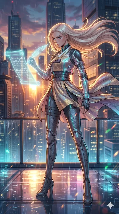 score_9, masterpiece, best quality, ultra-detailed, high-budget anime movie keyframe, cinematic anime lighting, intricate line art, Caucasian (strictly human ears) woman. Low angle cowboy shot capturing a powerful motion and statuesque presence. star