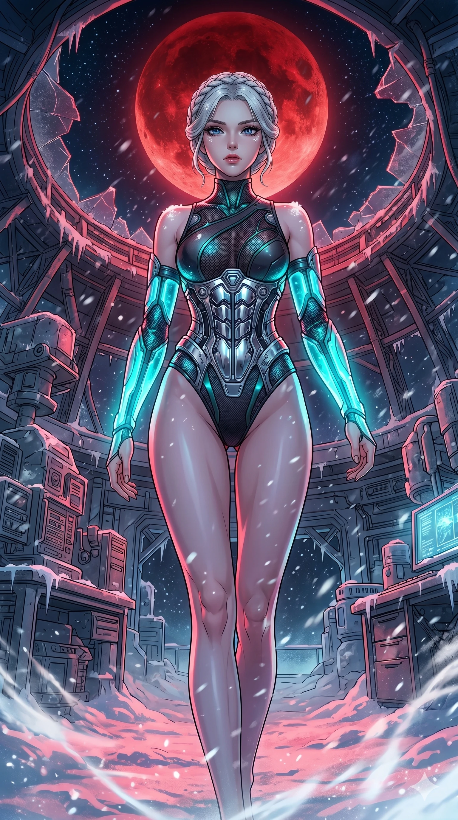 score_9, masterpiece, best quality, ultra-detailed, high-budget anime movie keyframe, cinematic anime lighting, intricate line art, Korean woman. Low angle cowboy shot filling the entire 9:16 frame with her statuesque presence. walking through a blizzard in a lunar observatory under a blood moon. She has an absolutely perfect 8-heads proportion, an exceptionally tall and slender female figure with an ultra-slim waist and impossibly long slender legs. sharp v-shaped jawline, high-bridge nose, intricate jewel-like eyes, thick eyelashes, glossy lips. Wearing asymmetrical high-cut tech-bodysuit with detached glowing sleeves, chrome-plated mechanical corset, and bioluminescent mesh panels clinging to her slender figure. The scene is illuminated by dramatic atmospheric lighting and vibrant color palettes. , 2k, ultra detail, master piece, 9:16 ratio