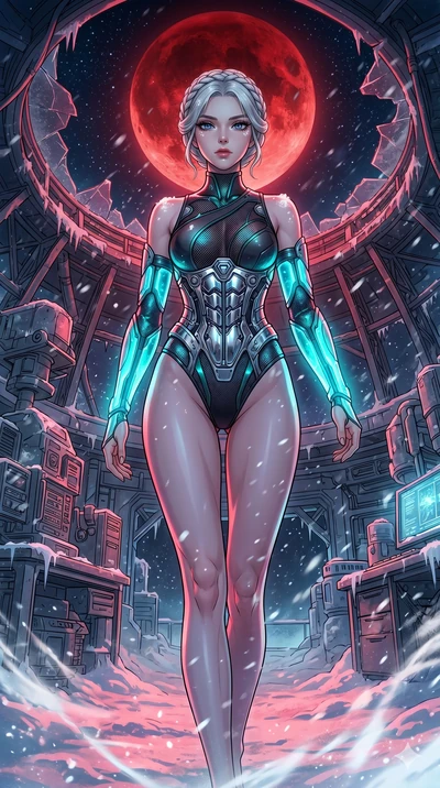 score_9, masterpiece, best quality, ultra-detailed, high-budget anime movie keyframe, cinematic anime lighting, intricate line art, Korean woman. Low angle cowboy shot filling the entire 9:16 frame with her statuesque presence. walking through a bliz