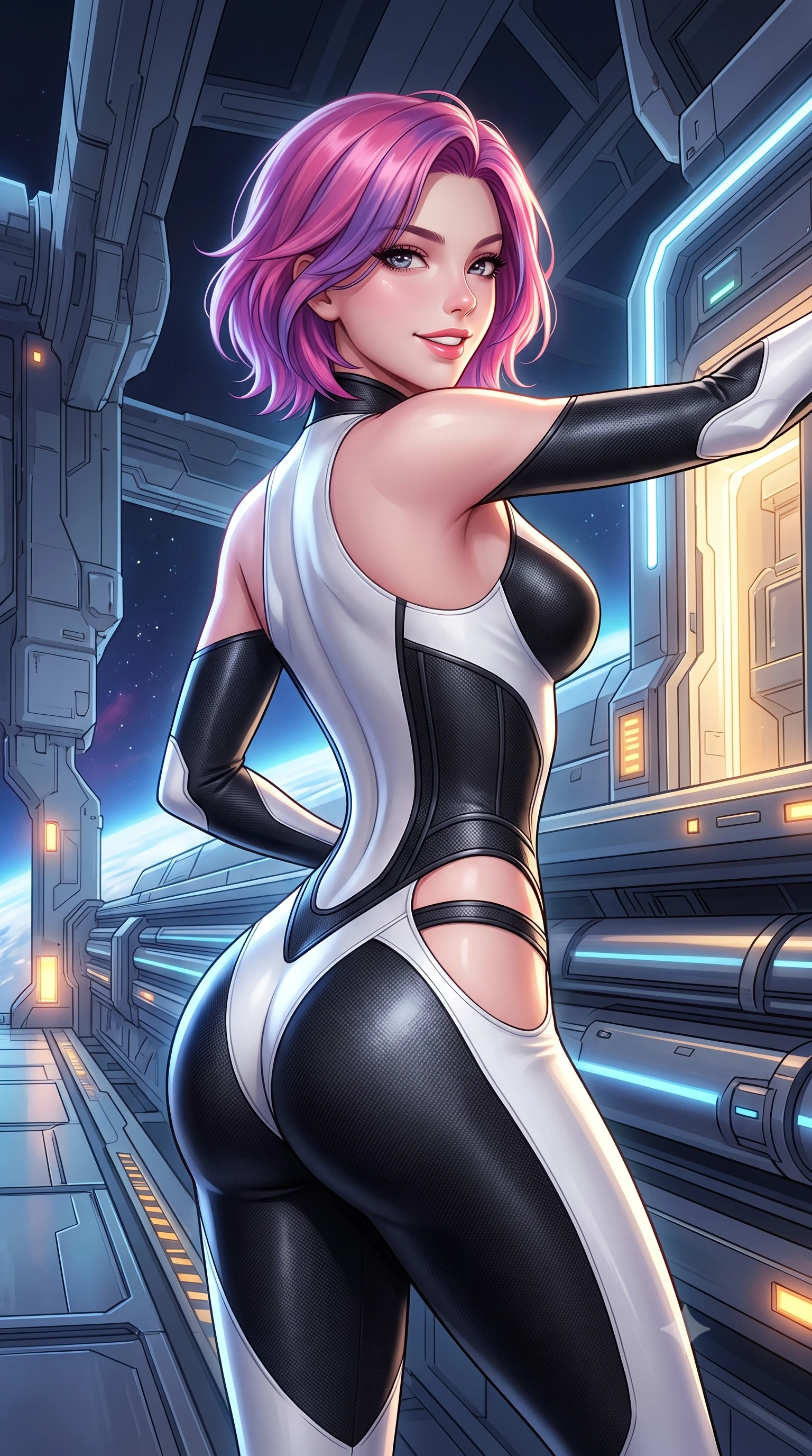 score_9, masterpiece, best quality, ultra-detailed, high-budget anime keyframe, semi-realistic 3D game render, editorial fashion photography, tasteful artistic composition, Caucasian woman. close-up cowboy shot from the waist and thighs up, the character dominates the composition, filling the frame with her large presence. leaning back against the glowing maintenance bulkhead with relaxed seductive grace, her flat midriff and narrow waist highlighted as laser ambient light traces her curves while leaning against the massive magnetic acceleration rail with hips cocked back, looking over a bare shoulder with an intoxicating, fearless smile. The surrounding environment is rendered in vivid detail and crisp panoramic clarity: detailed combat suit sheen, cosmic chromatic reflections on armor, and monumental space station engineering in high clarity. She has an exceptionally elegant, slender, and willowy female figure with an ultra-slim waist, flat toned midriff, narrow ribcage, and sculpted feminine hips creating an alluring, slim hourglass silhouette without bulk. sharp v-shaped jawline, high-bridge nose, intricate jewel-like sparkling eyes with depth, thick eyelashes, glossy parted lips with a natural sheen, bright confident smile with an enchanting and coquettish sensual glint, exuding both youthful magnetic charm and sovereign high-tech allure, flawlessly proportioned anatomical accuracy, strict slender model proportions, natural body alignment, perfectly sculpted long slender limbs, ultra-slim waistline, clean dynamic posture without body distortion. wearing a high-performance speeder pilot catsuit with ergonomic silicone grip lines and strategic hip cutouts in dual-tone high-contrast monochrome black and stark white, crafted from lightweight aerodynamic matte carbon-fiber weave with structural stiffness, finished with delicate carbon-fiber boning framing the narrow waistline, the liquid-tight tailored fabric clinging flawlessly to her narrow waist and rounded feminine hips, emphasizing every millimeter of her sculpted slim hourglass curves without any bulky heaviness. illuminated by platform safety beacons and sharp platinum rim lights sculpting her razor-sharp jawline, narrow waist, and curvy hips. highly saturated vibrant anime colors, detailed shading with soft gradients, rich glossy textures, high-contrast stereoscopic depth, volumetric dynamic lighting, master piece, 9:16 ratio