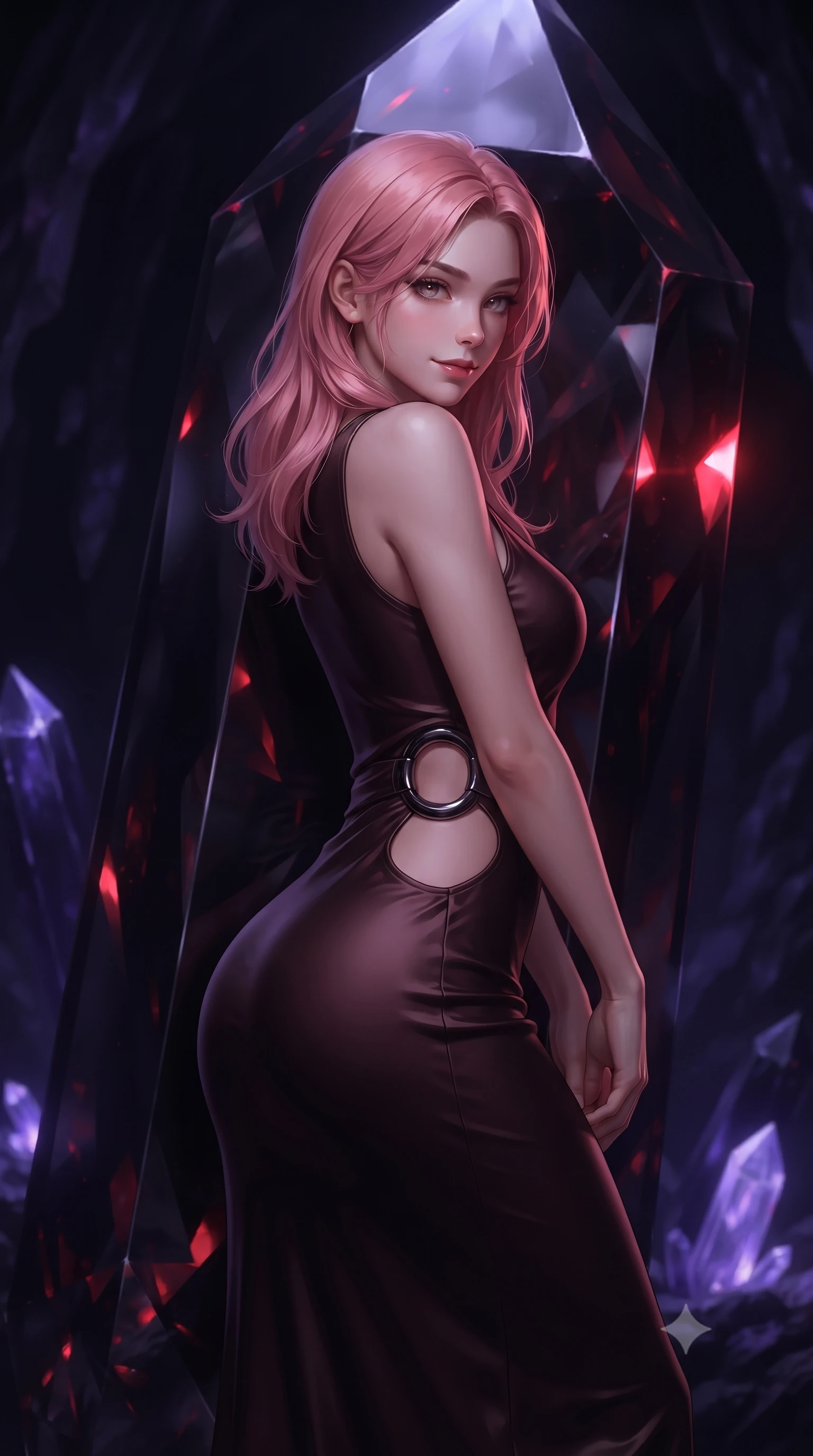 score_9, masterpiece, best quality, ultra-detailed, high-budget anime keyframe, editorial fashion photography, tasteful artistic composition, Japanese woman. close-up cowboy shot from the waist and thighs up, the character dominates the composition, filling the frame with her large presence, background elements kept in soft focus. Glancing sidelong over her shoulder with a smoldering, enigmatic half-smile, resting against a colossal dark crystal monolith in a silent pitch-black cavern, dark crystal facets refracting razor-sharp crimson specular light. She has an exceptionally elegant, slender, and willowy female figure with an ultra-slim waist, a gracefully sculpted slender torso, and a refined silhouette. sharp v-shaped jawline, high-bridge nose, intricate jewel-like eyes with depth, thick eyelashes, glossy lips with a natural sheen. wearing fitted liquid mercury jersey maxi dress hugging every curve in dark mahogany, made of soft dark satin, accented with sculpted obsidian chrome rings at the waist, sculpting her athletic slender build with refined precision. illuminated by bioluminescent dark violet crystal glow piercing deep abyssal shadows. highly saturated vibrant anime colors, detailed shading with soft gradients, rich glossy textures, high-contrast stereoscopic depth, volumetric dynamic lighting, master piece, 9:16 ratio