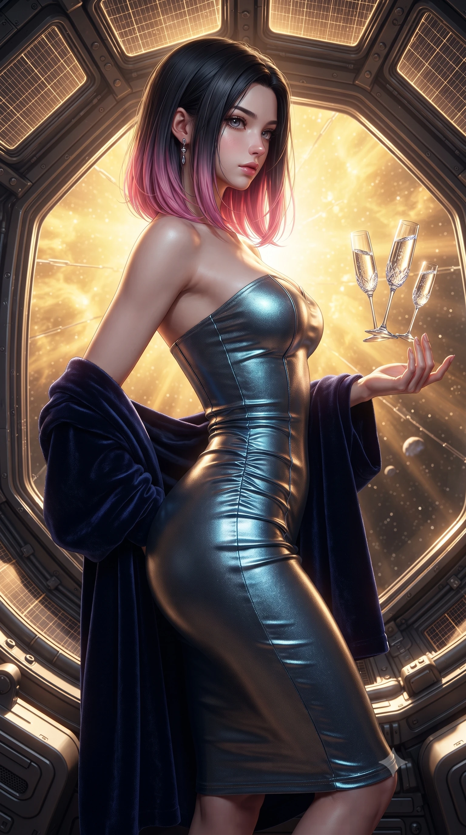 score_9, masterpiece, best quality, ultra-detailed, high-budget anime keyframe, editorial fashion photography, tasteful artistic composition, Korean woman. close-up cowboy shot from the waist and thighs up, the character dominates the composition, filling the frame with her large presence. twisting her slender torso in a deep contrapposto stance, hips dramatically shifted to accentuate her feminine curves while looking past her shoulder with smoldering bedroom-eyes while leaning back against the quartz-glass sun-shield with hips cocked, casting an alluring, sovereign bedroom-gaze past floating zero-gravity crystal flutes. The surrounding environment is rendered in vivid detail and crisp panoramic clarity. sharp solar-sail structural cables, quartz viewport rivets, and solar corona filament textures in deep focus. She has an exceptionally elegant, slender, and willowy female figure with an ultra-slim waist, flat toned midriff, narrow ribcage, and sculpted feminine hips creating an alluring, slim hourglass silhouette without bulk. sharp v-shaped jawline, high-bridge nose, intricate jewel-like eyes with depth, thick eyelashes, glossy parted lips with a natural sheen, intensely captivating and seductive bedroom-eyes expression, flawlessly proportioned anatomical accuracy, strict slender model proportions, natural body alignment, perfectly sculpted long slender limbs, ultra-slim waistline, clean dynamic posture without body distortion. wearing an ultra-fitted strapless bustier midi dress with side hip ruching and exposed spine in metallic gunmetal and electric azure, crafted from luxurious metallic lamé that shifts radiance with every step, complemented by a plush velvet shawl draped loosely over her elbows, the liquid-tight tailored fabric clinging flawlessly to her narrow waist and rounded feminine hips, emphasizing every millimeter of her sculpted slim hourglass curves without any bulky heaviness. bathed in glorious molten golden solar radiation backlighting filtered through high-tech polarized glass. ultra-reflective glossy finish, specular highlights, rich textural contrasts, high-contrast stereoscopic depth, volumetric dynamic lighting, 2k, ultra detail, master piece, 9:16 ratio