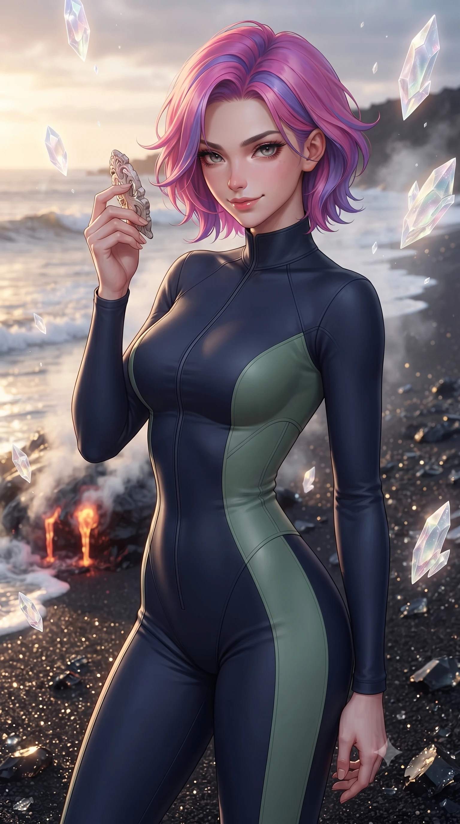 score_9, masterpiece, best quality, ultra-detailed, high-budget anime keyframe, editorial fashion photography, tasteful artistic composition, Caucasian woman, strictly human ears. close-up cowboy shot from the waist and thighs up, the character dominates the composition, filling the frame with her large presence, background elements kept in soft focus. Holding a delicate object up near her face while gazing at the viewer with a knowing smile. set against a soft-focus background of a beach of glittering jet-black volcanic glass sand with waves of molten gold lapping at the shore where magma meets ocean steam rising in great columns and the black glass fragments catching light like dark diamonds. She has an exceptionally elegant and slender, willowy female figure with an ultra-slim waist, a gracefully sculpted slender torso, and a refined slim physique. sharp v-shaped jawline, high-bridge nose, intricate jewel-like eyes with depth, thick eyelashes, glossy lips with a natural sheen. wearing a form-fitting catsuit in deep navy, with strategic sage green side panels that accentuate her slender waist. ethereal pearlescent light emanating from floating crystalline formations all around. 2k, ultra detail, master piece, 9:16 ratio