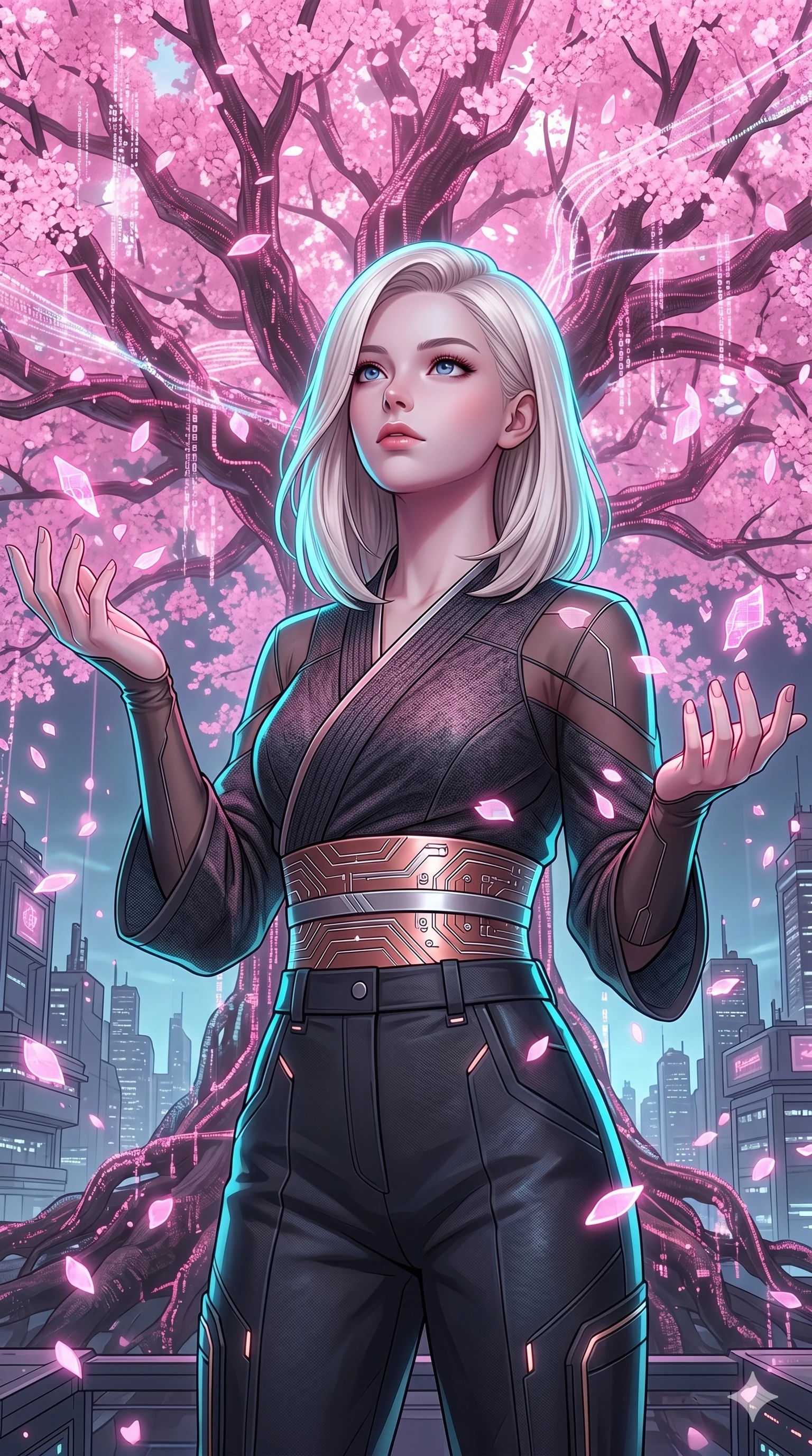 score_9, masterpiece, best quality, ultra-detailed, high-budget anime keyframe, editorial fashion photography, tasteful artistic composition, Caucasian woman, strictly human ears. Upper body close-up from the thighs up, character filling the screen for maximum presence. Standing under a giant digital cherry blossom tree, catching falling pink data shards with a serene and captivating look. She is wearing a cropped cyber-kimono wrap top with sheer panels and a high-waisted metallic sash. The scene is illuminated by the soft pink glow of the holographic tree and a cyan rim light. 2k, ultra detail, master piece, 9:16 ratio
