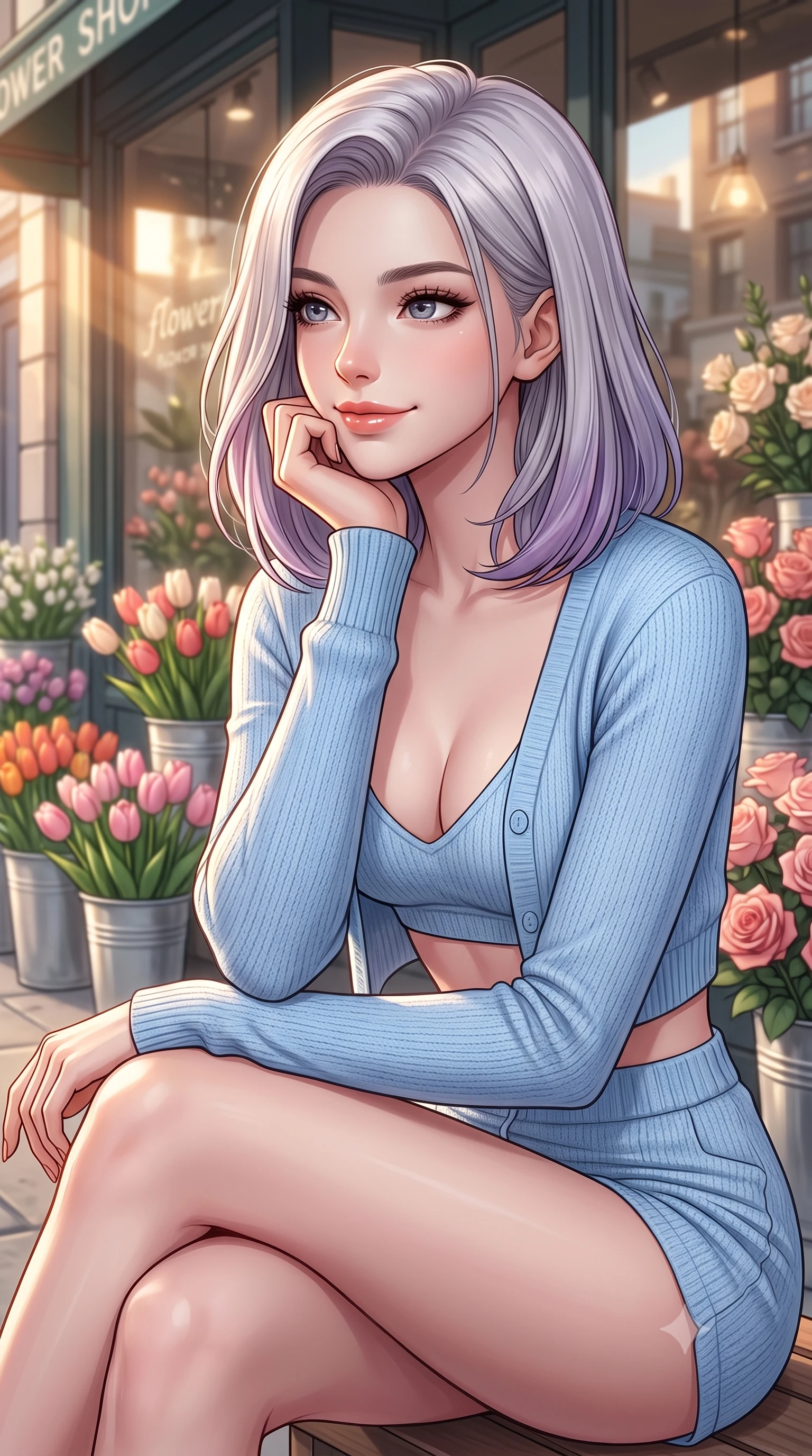 score_9, masterpiece, best quality, ultra-detailed, high-budget anime keyframe, editorial fashion photography, tasteful artistic composition, Caucasian woman woman. close-up cowboy shot from the waist and thighs up, the character dominates the composition, filling the frame with her large presence, background elements kept in soft focus. resting her chin on her hand, looking out at the beautiful scenery with a soft smile the background shows a soft-focus the front of a chic flower shop in the city, with buckets of fresh tulips and roses on the sidewalk. She has an exceptionally elegant, slender, and willowy female figure with an ultra-slim waist, a gracefully sculpted slender torso, and a refined silhouette. sharp v-shaped jawline, high-bridge nose, intricate jewel-like eyes with depth, thick eyelashes, glossy lips with a natural sheen. wearing a form-contouring cropped open-front cardigan in baby blue, worn over a knit bra top and high-waisted micro-shorts. warm afternoon sunbeams reflecting off the glass shopfront and colorful flowers. 2k, ultra detail, master piece, 9:16 ratio