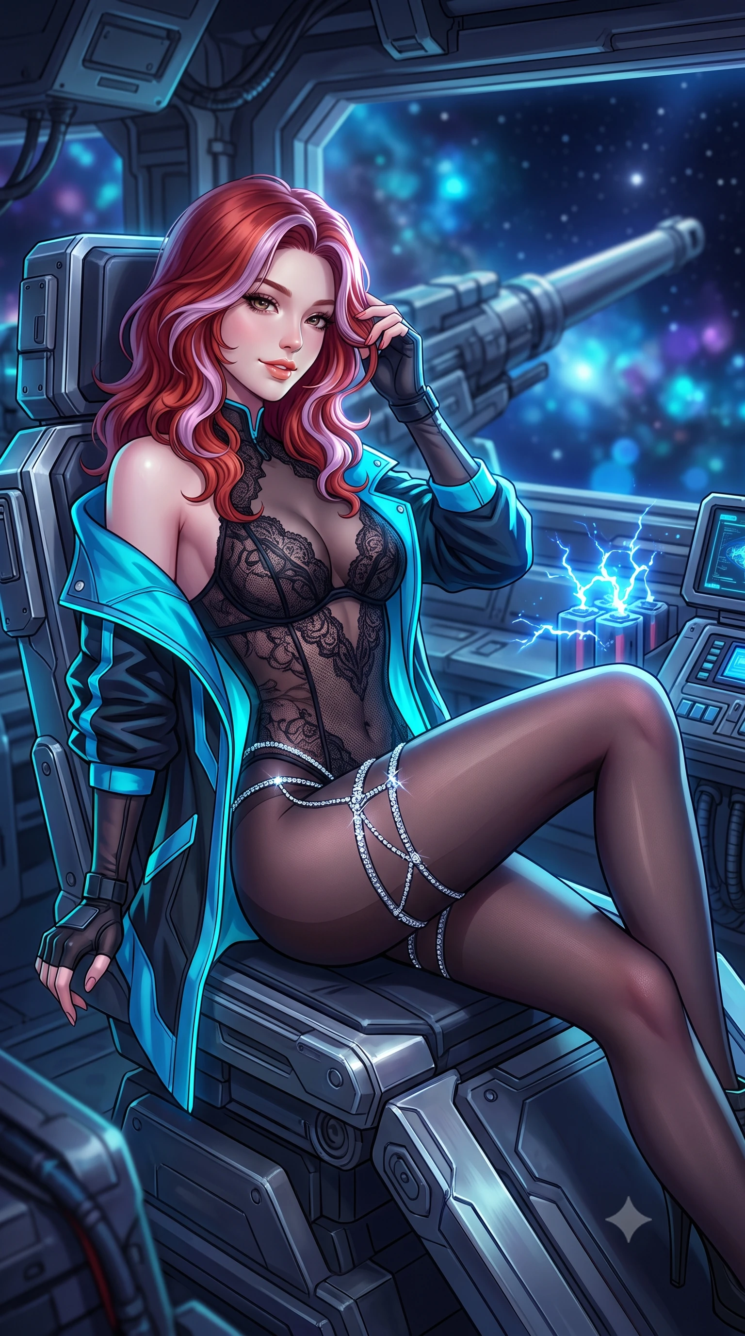 score_9, masterpiece, best quality, ultra-detailed, high-budget anime keyframe, semi-realistic 3D game render, editorial fashion photography, tasteful artistic composition, Caucasian woman. close-up cowboy shot from the waist and thighs up, the character dominates the composition, filling the frame with her large presence. gently brushing a lock of hair behind her ear while casting a playful, flirtatious side-gaze with long eyelashes while lounging gracefully across the tactical gunner seat propped on one elbow with legs extended, displaying her long slender limbs and statuesque hourglass silhouette with regal anime flair. The background shows a soft-focus massive railgun barrel stretching into the starry void, crackling blue plasma sparks from capacitor banks, and distant glowing nebula clouds blurred into sapphire, cyan, and amethyst bokeh. She has an exceptionally elegant, slender, and willowy female figure with an ultra-slim waist, flat toned midriff, narrow ribcage, and sculpted feminine hips creating an alluring, slim hourglass silhouette without bulk. sharp v-shaped jawline, high-bridge nose, intricate jewel-like sparkling eyes with depth, thick eyelashes, glossy parted lips with a natural peach sheen, bright cheerful beaming smile with an enchanting and coquettish sensual glint, exuding both youthful cute charm and seductive allure, flawlessly proportioned anatomical accuracy, strict slender model proportions, natural body alignment, perfectly sculpted long slender limbs, ultra-slim waistline, clean dynamic posture without body distortion. wearing a delicate sheer French Chantilly lace teddy layered under an open tailored tactical combat blazer draped over bare shoulders in tactical obsidian black and high-voltage cyan, made of fluid liquid jersey with seamless sculpting hold and smooth contours, finished with delicate crystal-encrusted thigh garter straps glinting in the dim light, the glove-like clinging cut tightly following the natural contour of her hips and long slender legs with youthful 8.5-heads elegance. illuminated by titanium deck reflection bounce and sharp electric-cyan rim lights sculpting her jawline, narrow waist, and curvy hips. highly saturated vibrant anime colors, detailed shading with soft gradients, rich glossy textures, high-contrast stereoscopic depth, volumetric dynamic lighting, master piece, 9:16 ratio
