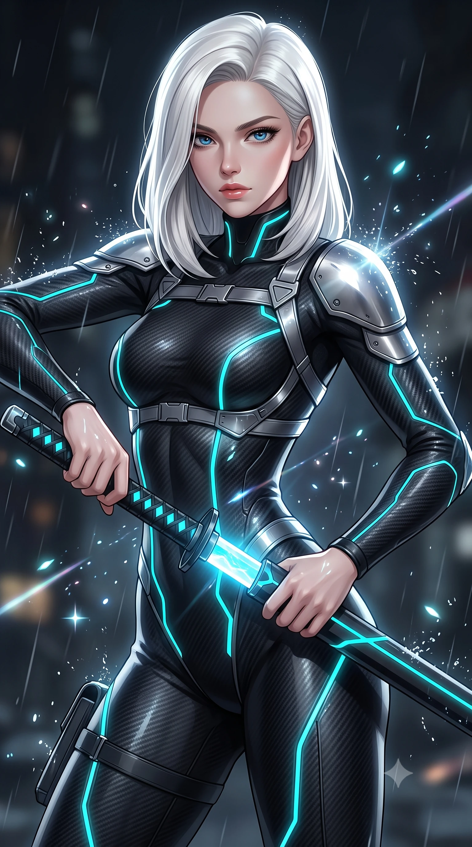 score_9, masterpiece, best quality, ultra-detailed, high-budget anime keyframe, semi-realistic 3D game render, editorial fashion photography, tasteful artistic composition, Caucasian woman. close-up cowboy shot from the waist and thighs up, the character dominates the composition, filling the frame with her large presence. twisting her upper body in a dynamic S-curve combat stance, one hand steadying her weapon with commanding supermodel allure while sheathing her sleek plasma katana with effortless supermodel poise while casting a sovereign, captivating direct gaze into the lens. The composition keeps background elements in soft focus with creamy bokeh. sparkling plasma energy motes and splashing rain droplets scattering radiant light across a dark backdrop. She has an exceptionally elegant, slender, and willowy female figure with an ultra-slim waist, a gracefully sculpted slender torso, toned flat midriff, and a refined slim silhouette. sharp v-shaped jawline, high-bridge nose, intricate jewel-like eyes with depth, thick eyelashes, glossy lips with a natural sheen, flawlessly proportioned anatomical accuracy, strict slender model proportions, natural body alignment, perfectly sculpted long slender limbs, ultra-slim waistline, clean dynamic posture without body distortion. wearing an aerodynamic matte-black carbon-fiber bodysuit with glowing neon cyan conduit lines, reinforced by polished titanium pauldrons, wielding a sleek holographic plasma katana with a brilliant energy blade in matte obsidian carbon black with electric cyan conduits, made of lightweight aerodynamic carbon-titanium alloy with polished edge bevels, reinforced by a sleek titanium tactical harness and glowing micro-energy straps, the glove-like aerodynamic second-skin fit tightly clinging to her ultra-slender waist and athletic curves without adding bulk, accentuating her razor-sharp statuesque lines and slim hourglass silhouette. illuminated by crisp white key lighting with sharp specular highlights tracing her sculpted carbon armor curves. rich saturated anime colors with glowing neon highlights, detailed shading with soft gradients, rich glossy textures, high-contrast stereoscopic depth, volumetric dynamic lighting, master piece, 9:16 ratio