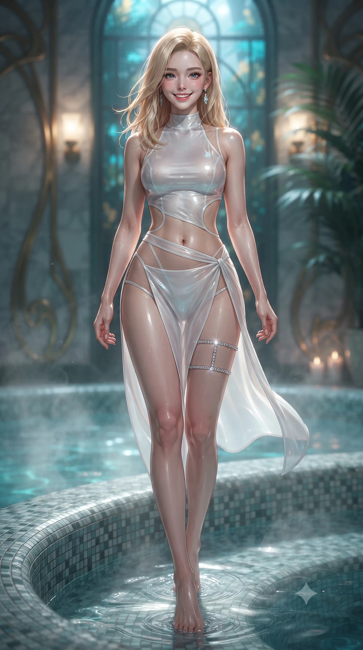 score_9, masterpiece, best quality, ultra-detailed, high-budget anime keyframe, editorial fashion photography, tasteful artistic composition, Korean woman. low angle full-body shot from head to toe showing her feet, filling the entire 9:16 vertical frame with her statuesque presence, stretching her vertical silhouette. stepping slowly toward the camera with hypnotic grace, hips swaying in an alluring sensual rhythm that accentuates her curvy hourglass silhouette and long slender legs while lounging in the steaming water propped on the curved mosaic rim with legs extended, her statuesque 8.5-heads silhouette commanding the sanctuary. The background shows a soft-focus steaming bathwater surface caustics, sinuous gilded Art Nouveau whiplash curves on tiled walls, and moonlit greenhouse palms blurred into turquoise, gold, and jade bokeh. She has an exceptionally tall and slender model-like 8.5-heads proportion, an ultra-slim waist, a flat toned midriff, narrow delicate ribcage, and beautifully sculpted feminine hips creating a graceful, slim hourglass silhouette without any bulky heaviness, with impossibly long slender legs. sharp v-shaped jawline, high-bridge nose, intricate jewel-like sparkling eyes with depth, thick eyelashes, glossy parted lips with a natural peach sheen, bright cheerful beaming smile with an enchanting and coquettish sensual glint, exuding both youthful cute charm and seductive allure, flawlessly proportioned anatomical accuracy, strict slender model proportions, natural body alignment, perfectly sculpted long slender limbs, ultra-slim waistline, clean dynamic posture without body distortion. wearing a provocative off-the-shoulder crop top with asymmetrical side-torso cutouts and a high-slit wrap skirt in pure translucent crystal white and liquid platinum, featuring strategic sheer-illusion tulle side panels framing her ribcage and hips, finished with delicate crystal-encrusted thigh garter straps glinting in the dim light, the precision-cut side openings and low-back scoop framing her graceful spine and the sensual sweep of her slim, toned hips. bathed in underwater pool turquoise LEDs combined with warm 2500K sconce glows and moonbeams through stained glass. ultra-reflective glossy finish, specular highlights, rich textural contrasts, high-contrast stereoscopic depth, volumetric dynamic lighting, 2k, ultra detail, master piece, 9:16 ratio