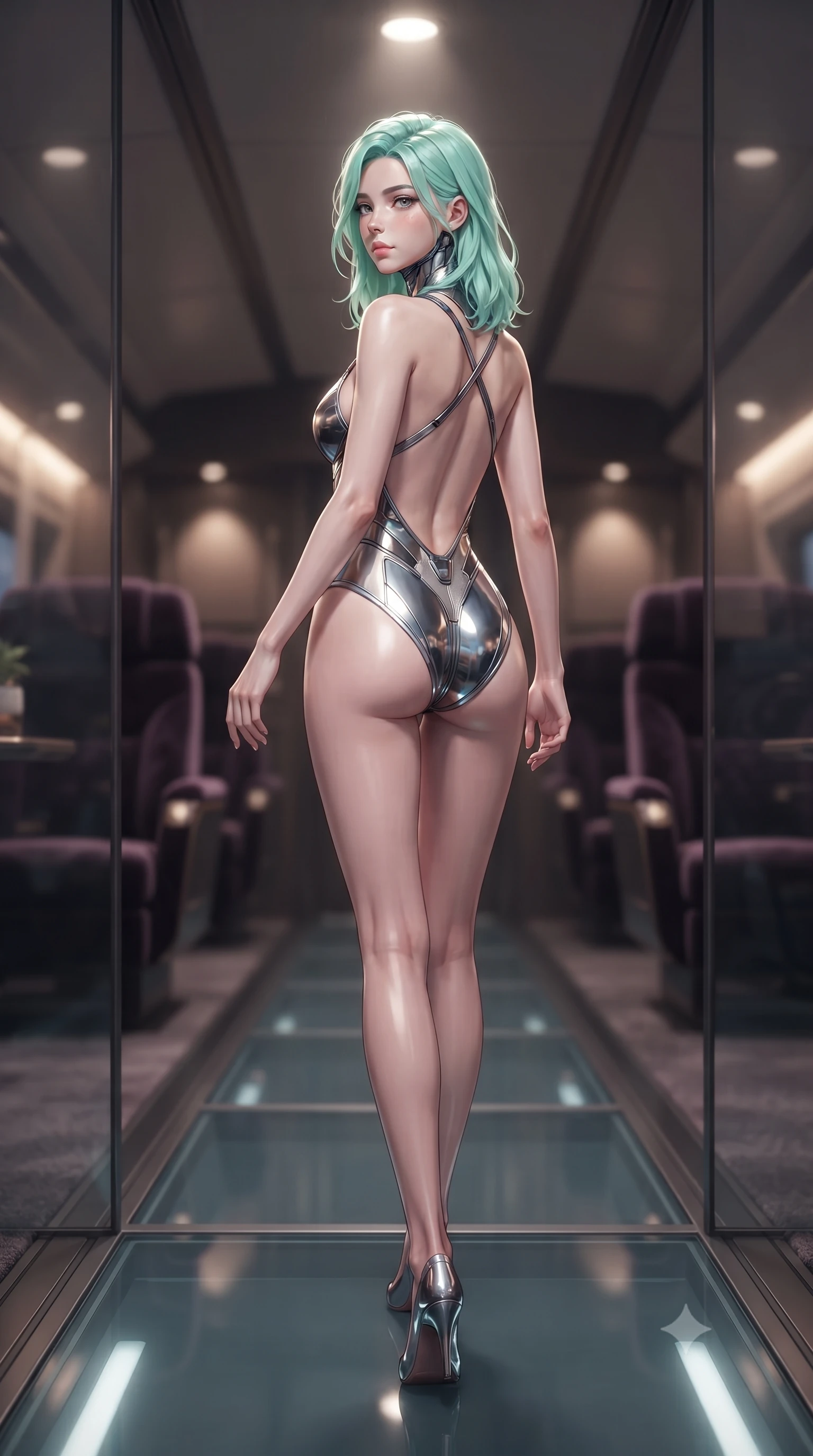 score_9, masterpiece, best quality, ultra-detailed, high-budget anime keyframe, editorial fashion photography, tasteful artistic composition, Japanese woman. low angle full-body shot from head to toe showing her feet, filling the entire 9:16 vertical frame with her statuesque presence, stretching her vertical silhouette. walking slowly along a glass skybridge, looking back over her shoulder with an air of effortless grace, the background shows a soft-focus a private compartment on a luxury star liner with velvet passenger seats. She has an absolutely perfect, statuesque 8.5-heads proportion, an exceptionally tall and slender model-like female figure with impossibly long slender legs and an ultra-slim waist. sharp v-shaped jawline, high-bridge nose, intricate jewel-like eyes with depth, thick eyelashes, glossy lips with a natural sheen. wearing a slim-fit low-cut cybernetic bodysuit with open-back design and thin structural straps crossing her bare shoulder blades. soft spotlighting highlighting the detailed fabrics and textures of her gear. ultra-reflective glossy finish, specular highlights, metallic sheen, high-contrast stereoscopic depth, volumetric dynamic lighting, 2k, ultra detail, master piece, 9:16 ratio