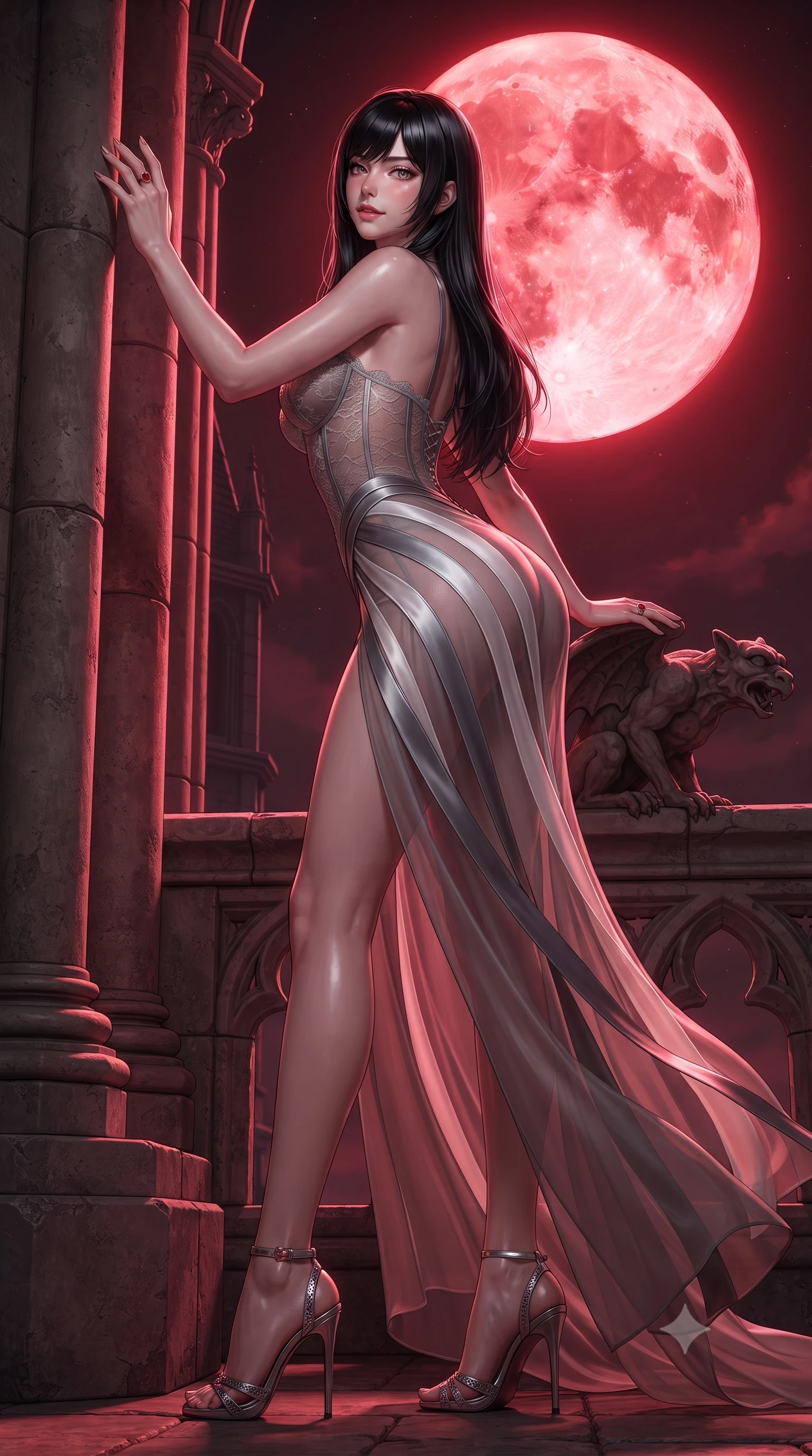 score_9, masterpiece, best quality, ultra-detailed, high-budget anime keyframe, editorial fashion photography, tasteful artistic composition, Caucasian woman. low angle full-body shot from head to toe showing her feet, filling the entire 9:16 vertical frame with her statuesque presence, stretching her vertical silhouette. standing tall beside the architectural column, one hand resting high while arching her lower back to emphasize her sculpted feminine hips and slender waist while leaning against the carved stone gargoyle parapet with hips cocked back, looking back toward the giant crimson moon with bedroom-eyes. The surrounding environment is rendered in vivid detail and crisp panoramic clarity: detailed lace corset bodice texture, ruby ring gleam, and medieval fortification masonry in razor-sharp precision. She has an absolutely perfect, statuesque 8.5-heads proportion, an exceptionally tall and slender model-like female figure with impossibly long slender legs, an ultra-slim waist, a flat toned midriff, narrow delicate ribcage, and beautifully sculpted feminine hips creating a graceful, slim hourglass silhouette without any bulky heaviness. sharp v-shaped jawline, high-bridge nose, sparkling eyes with hypnotic seductive depth, thick curled eyelashes, glossy parted lips with a natural dewy peach sheen, alluring bedroom-eyes with an enchanting coquettish smile, exuding magnetic siren charisma and sophisticated glamour, flawlessly proportioned anatomical accuracy, strict slender model proportions, natural body alignment, perfectly sculpted long slender limbs, ultra-slim waistline, clean dynamic posture without body distortion. wearing a provocative sheer illusion mesh vampire gown with liquid satin ribbons contouring her hourglass curves in architectural titanium grey and pure milk white, made of sheer gossamer chiffon that drapes softly against skin with airy translucence, complemented by strappy stiletto sandals with crystal ankle wraps accentuating her slender calves, the glove-like clinging cut tightly following the natural contour of her hips and long slender legs with youthful 8.5-heads elegance. bathed in otherworldly crimson lunar illumination cascading directly from the giant blood moon. ultra-reflective glossy finish, specular highlights, rich textural contrasts, high-contrast stereoscopic depth, volumetric dynamic lighting, 2k, ultra detail, master piece, 9:16 ratio