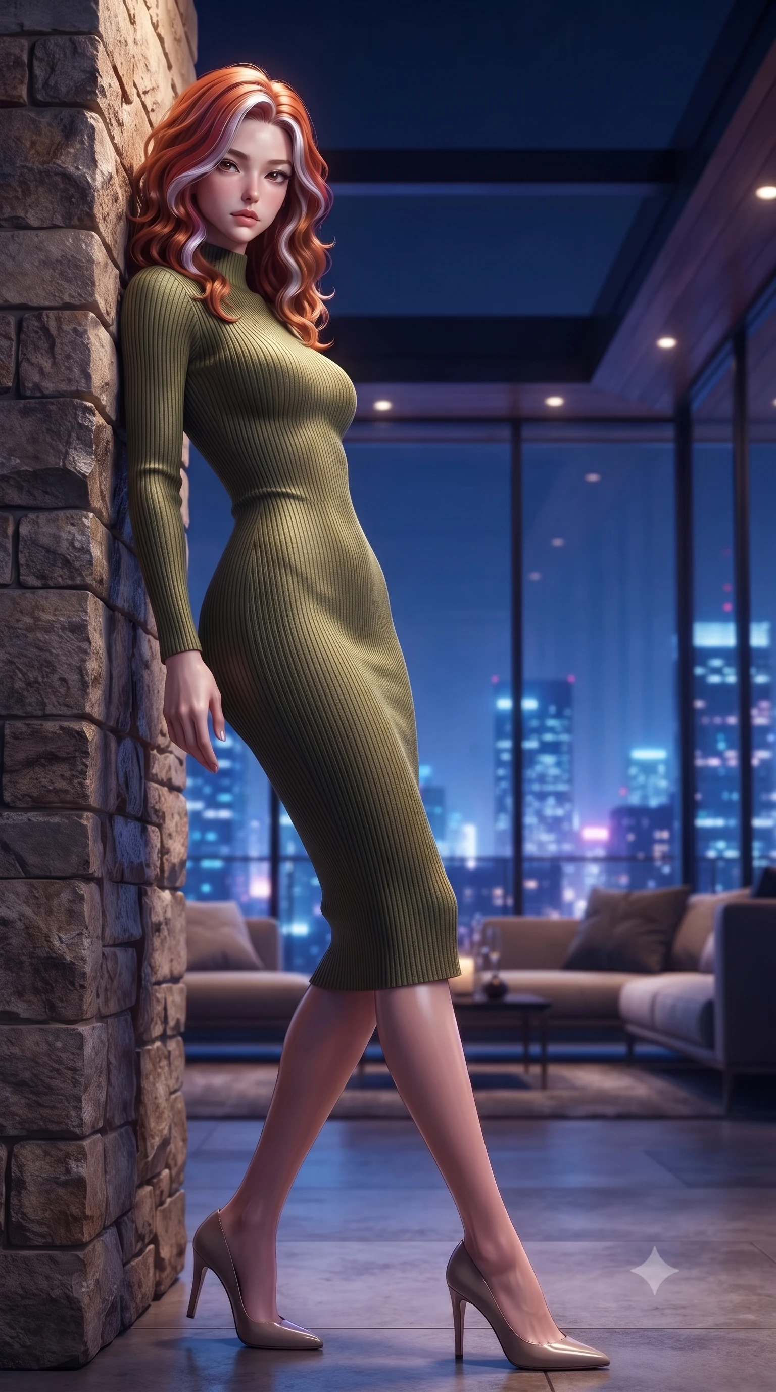 score_9, masterpiece, best quality, ultra-detailed, high-budget anime keyframe, editorial fashion photography, tasteful artistic composition, Caucasian woman. low angle full-body shot from head to toe showing her feet, filling the entire 9:16 vertical frame with her statuesque presence, stretching her vertical silhouette. leaning back against a rustic stone wall, casting a slow, alluring gaze at the camera the background shows a soft-focus a modern rooftop helicopter lounge with glass walls overlooking skyscrapers. She has an absolutely perfect, statuesque 8.5-heads proportion, an exceptionally tall and slender model-like female figure with impossibly long slender legs and an ultra-slim waist. sharp v-shaped jawline, high-bridge nose, intricate jewel-like eyes with depth, thick eyelashes, glossy lips with a natural sheen. wearing a tailored form-contouring ribbed knit bodycon midi dress in olive green, tracing her slender silhouette with a high neck. glittering blue and violet city skyline lights contrasting with warm room lights. ultra-reflective glossy finish, specular highlights, metallic sheen, high-contrast stereoscopic depth, volumetric dynamic lighting, 2k, ultra detail, master piece, 9:16 ratio