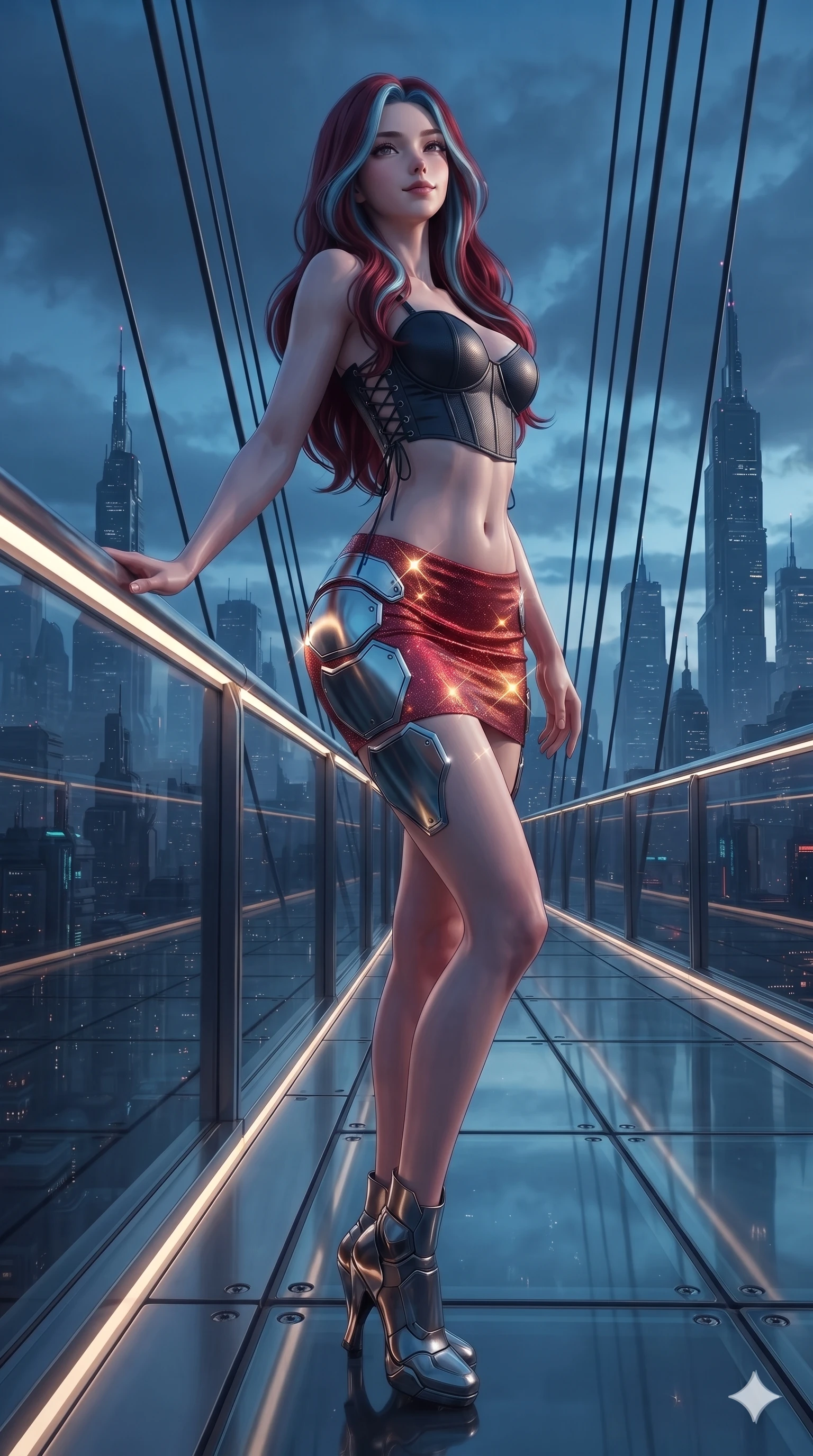 score_9, masterpiece, best quality, ultra-detailed, high-budget anime keyframe, editorial fashion photography, tasteful artistic composition, Caucasian woman. low angle full-body shot from head to toe showing her feet, filling the entire 9:16 vertical frame with her statuesque presence, stretching her vertical silhouette. standing in a tall, confident posture with one hand on a glowing metal railing, stretching her statuesque body as she arches her lower back to emphasize her sculpted feminine hips and slender waist while leaning against the glowing skybridge structural cables with hips cocked back, gazing through the twilight clouds with intoxicating bedroom-eyes. The surrounding environment is rendered in vivid detail and crisp panoramic clarity: sharp glass skybridge floor joint seams, high-tension carbon suspension cables, and crisp distant skyscraper spires in deep focus. She has an absolutely perfect, statuesque 8.5-heads proportion, an exceptionally tall and slender model-like female figure with impossibly long slender legs, an ultra-slim waist, a flat toned midriff, narrow delicate ribcage, and beautifully sculpted feminine hips creating a graceful, slim hourglass silhouette without any bulky heaviness. sharp v-shaped jawline, high-bridge nose, intricate jewel-like sparkling eyes with depth, thick eyelashes, glossy parted lips with a natural sheen, bright confident smile with an enchanting and coquettish sensual glint, exuding both youthful magnetic charm and sovereign high-tech allure, flawlessly proportioned anatomical accuracy, strict slender model proportions, natural body alignment, perfectly sculpted long slender limbs, ultra-slim waistline, clean dynamic posture without body distortion. wearing a sculpted matte carbon underwire crop bustier with lace-up side ties paired with a low-rise micro skirt in relativistic crimson and blazing accretion gold, woven from stretch metallic lurex jersey casting radiant starlight glints across her curves, accented with strategically placed chrome armor plate guards covering key curves, the glove-like clinging cut tightly following the natural contour of her hips and long slender legs with youthful 8.5-heads elegance. illuminated by glass floor bounce and sharp azure-gold rim lights defining her razor-sharp jawline, narrow waist, and curvy hips. ultra-reflective glossy finish, specular highlights, rich textural contrasts, high-contrast stereoscopic depth, volumetric dynamic lighting, 2k, ultra detail, master piece, 9:16 ratio