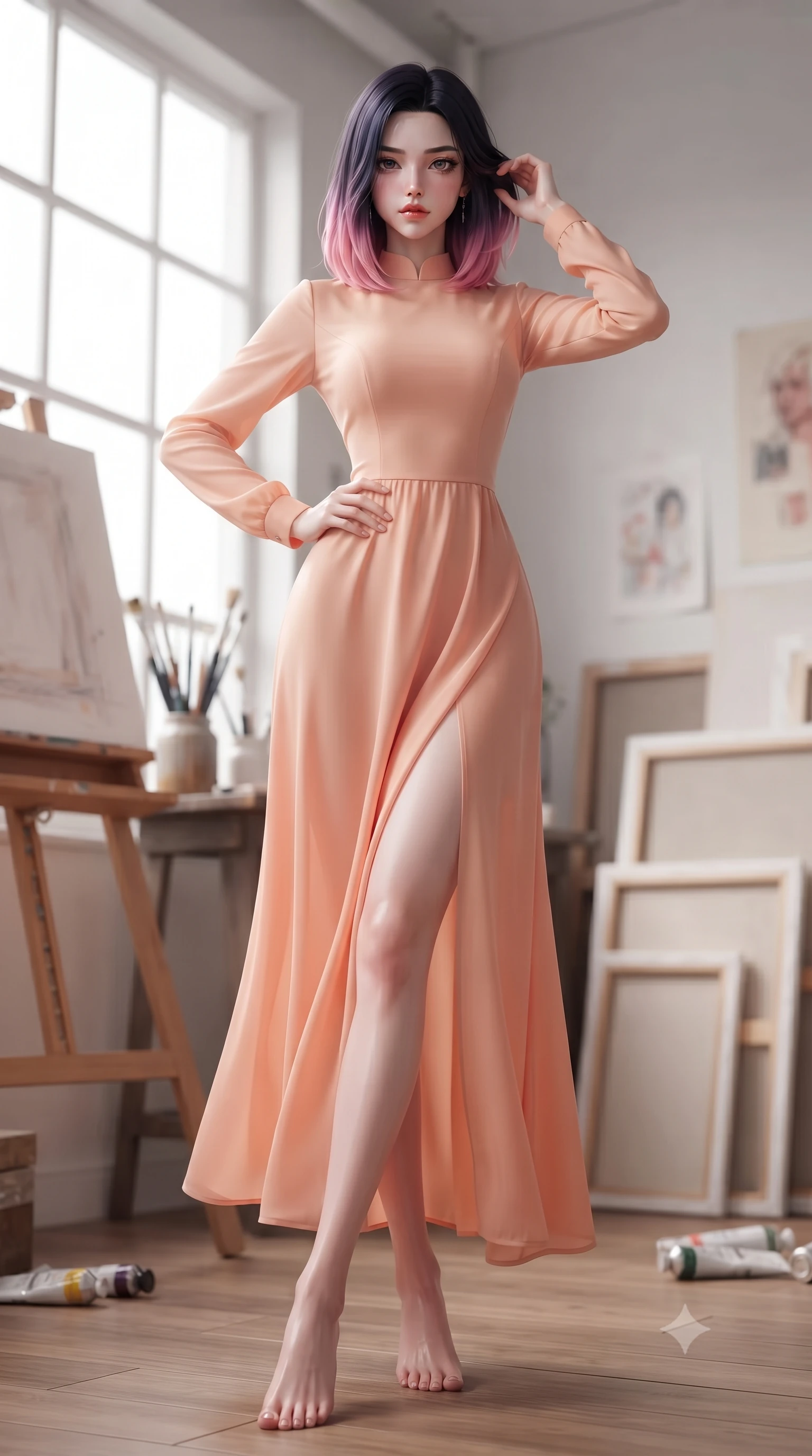 score_9, masterpiece, best quality, ultra-detailed, high-budget anime keyframe, editorial fashion photography, tasteful artistic composition, Korean woman woman. low angle full-body shot from head to toe showing her feet, filling the entire 9:16 vertical frame with her statuesque presence, stretching her vertical silhouette. posing confidently with one hand on her hip, stretching her statuesque body to emphasize her curves the background shows a soft-focus an artist's loft studio filled with canvases, paint brushes, and easel near a large window. She has an absolutely perfect, statuesque 8.5-heads proportion, an exceptionally tall and slender model-like female figure with impossibly long slender legs and an ultra-slim waist. sharp v-shaped jawline, high-bridge nose, intricate jewel-like eyes with depth, thick eyelashes, glossy lips with a natural sheen. wearing a slim-fit flowy peach-colored chiffon lounge gown with long sleeves and a modest high collar. crisp North daylight casting soft, consistent lighting over the workspace. ultra-reflective glossy finish, specular highlights, metallic sheen, high-contrast stereoscopic depth, volumetric dynamic lighting, 2k, ultra detail, master piece, 9:16 ratio
