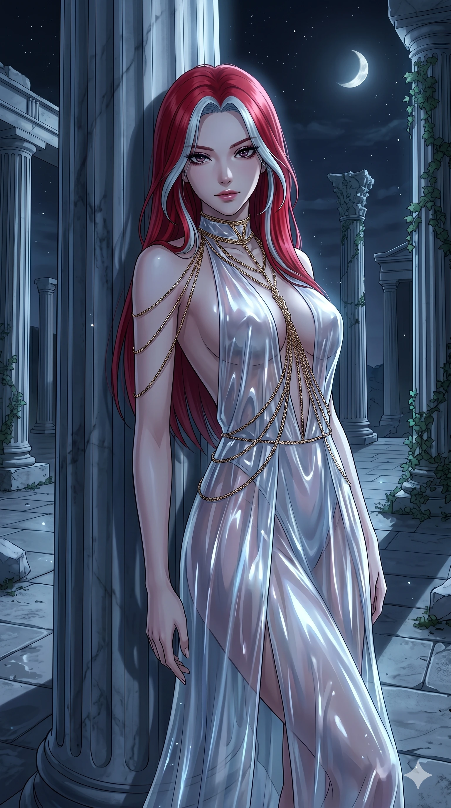 score_9, masterpiece, best quality, ultra-detailed, High-budget Anime Keyframe, East Asian woman. Low angle cowboy shot filling the entire 9:16 frame with her statuesque presence. Scenario 3: Leaning against a cold marble pillar in a moonlit greek temple. Her presence is magnetic and overpowering in this high-budget anime scene. Outfit 3: A translucent PVC liquid with a backless design and fine gold chains. The clothing is designed to emphasize her exceptionally tall and slender 8-heads proportion. 8-heads proportion, towering silhouette, ultra-slim waist. sharp v-shaped jawline, intricate jewel-like eyes with depth, thick eyelashes, glossy lips. 2k, ultra detail, master piece, 9:16 ratio
