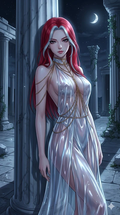 score_9, masterpiece, best quality, ultra-detailed, High-budget Anime Keyframe, East Asian woman. Low angle cowboy shot filling the entire 9:16 frame with her statuesque presence. Scenario 3: Leaning against a cold marble pillar in a moonlit greek te