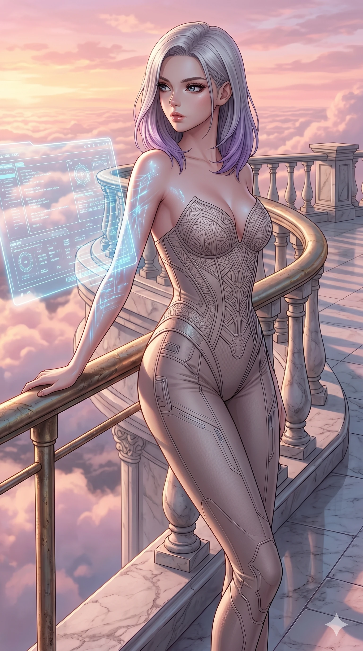 score_9, masterpiece, best quality, ultra-detailed, high-budget anime keyframe, editorial fashion photography, tasteful artistic composition, Caucasian woman, strictly human ears. cowboy shot from the thighs up, character and outfit filling the frame for maximum editorial presence. leaning against the metal railing, looking over her shoulder on a floating marble balcony above a sunset cloudscape of pink and gold (Code-P18-150). She has an absolutely perfect 8-heads proportion, an exceptionally tall and slender female figure with impossibly long slender legs and an ultra-slim waist. V-shaped jawline, high-bridge nose, intricate jewel-like eyes with depth, thick eyelashes, glossy lips with a natural sheen. wearing a structured patterned embroidery structured bodice with a sweetheart neckline revealing sculpted contours. cool blue light from the hologram reflecting off her skin and matte suit textures. 2k, ultra detail, master piece, 9:16 ratio