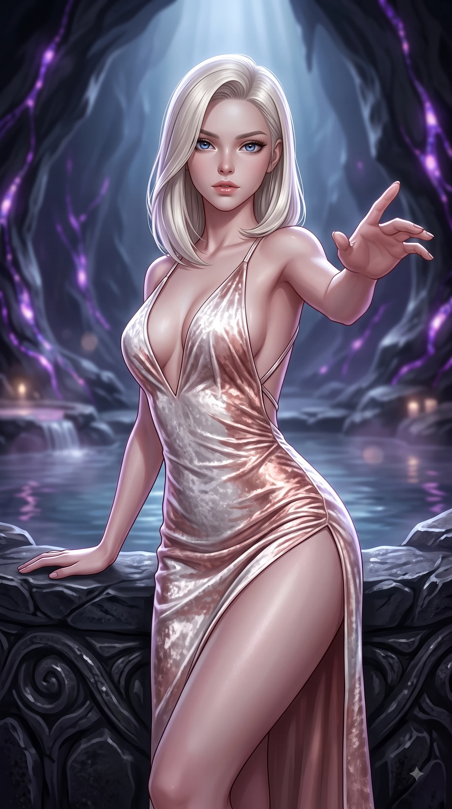 score_9, masterpiece, best quality, ultra-detailed, high-budget anime keyframe, editorial fashion photography, tasteful artistic composition, Caucasian woman. close-up cowboy shot from the waist and thighs up, the character dominates the composition, filling the frame with her large presence, background elements kept in soft focus. Reaching one arm gracefully toward the camera with magnetic poise, displaying her statuesque silhouette while resting gracefully against a carved obsidian basalt rock edge in a private thermal hot spring, bioluminescent opal veins pulsing softly in the subterranean obsidian walls. She has an exceptionally elegant, slender, and willowy female figure with an ultra-slim waist, a gracefully sculpted slender torso, and a refined silhouette. sharp v-shaped jawline, high-bridge nose, intricate jewel-like eyes with depth, thick eyelashes, glossy lips with a natural sheen, flawlessly proportioned anatomical accuracy, natural body alignment, perfectly sculpted elegant limbs, clean dynamic posture without body distortion. wearing a backless crushed velvet gown with a deep V-neckline and high thigh slit in pearl white and rose gold, formed from sleek second-skin neoprene, complemented by criss-cross back straps highlighting her bare shoulders, the elegant draped fit framing her graceful clavicle and slender torso. illuminated by luminous purple bioluminescence and serene silver moonlight. ultra-reflective glossy finish, specular highlights, metallic sheen, high-contrast stereoscopic depth, volumetric dynamic lighting, 2k, ultra detail, master piece, 9:16 ratio