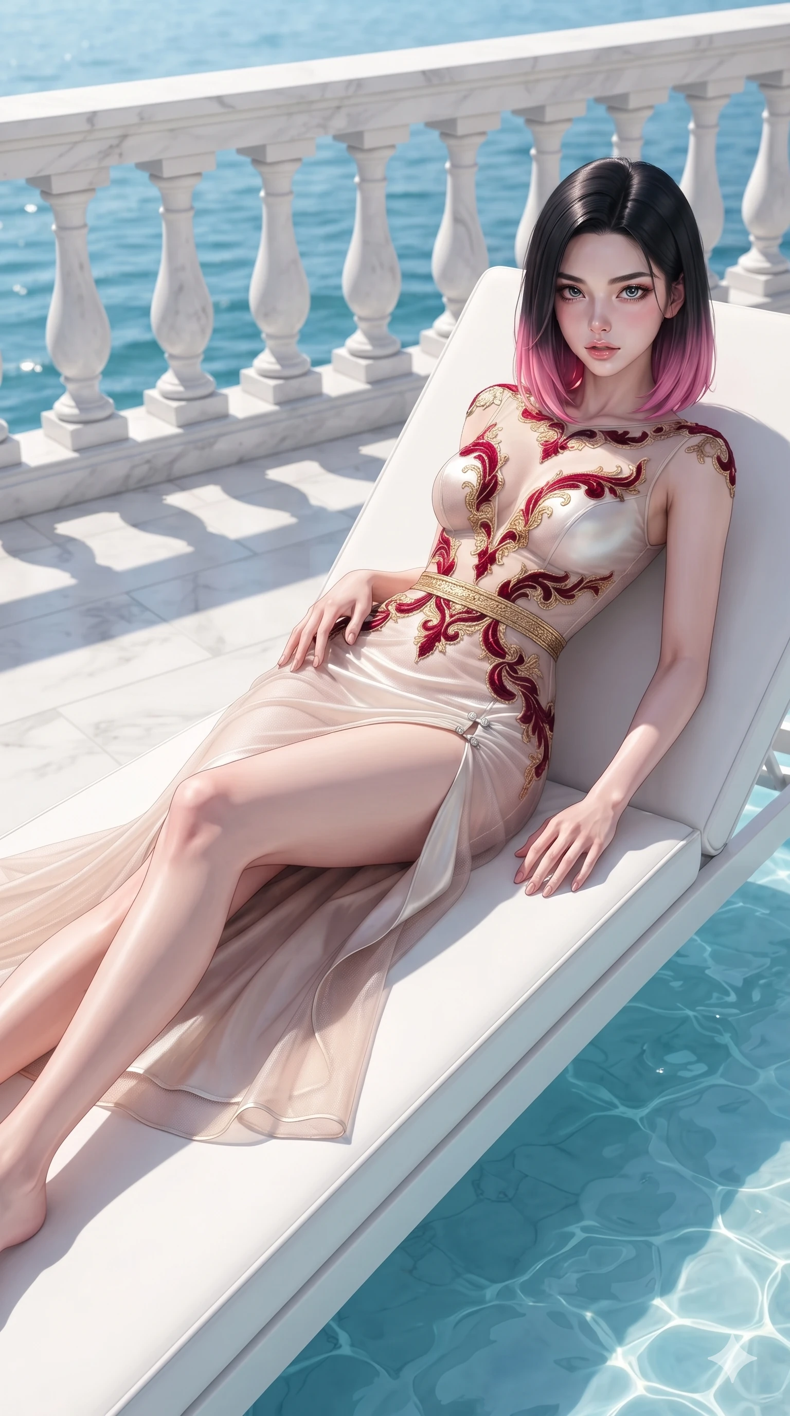 score_9, masterpiece, best quality, ultra-detailed, high-budget anime keyframe, editorial fashion photography, tasteful artistic composition, Korean woman. close-up cowboy shot from the waist and thighs up, the character dominates the composition, filling the frame with her large presence. resting one manicured hand delicately on her hip bone, her upper body turning in a fluid, seductive S-curve while parted lips glisten in the light while lounging gracefully across a pristine white sun-chaise with legs extended, displaying her long slender limbs and statuesque 8.5-heads silhouette. The surrounding environment is rendered in vivid detail and crisp panoramic clarity: sharp white Carrara marble terrace paving, crystal clear water surface caustics, and crisp carved baluster bevels in deep focus. She has an exceptionally elegant, slender, and willowy female figure with an ultra-slim waist, flat toned midriff, narrow ribcage, and sculpted feminine hips creating an alluring, slim hourglass silhouette without bulk. sharp v-shaped jawline, high-bridge nose, intricate jewel-like eyes with depth, thick eyelashes, glossy parted lips with a natural sheen, intensely captivating and seductive bedroom-eyes expression, flawlessly proportioned anatomical accuracy, strict slender model proportions, natural body alignment, perfectly sculpted long slender limbs, ultra-slim waistline, clean dynamic posture without body distortion. wearing a sheer-illusion tulle evening gown with strategic metallic embroidery tracing her dewy collarbones, flat midriff, and hips in royal crimson velvet and burnished gold, tailored from ultra-smooth duchess satin with a pearlescent sheen, finished with an ultra-high side slit secured by miniature jeweled clasps, the bespoke structured tailoring following the natural line of her 8.5-heads silhouette with refined elegance. bathed in azure sea reflection bounce and sharp white-gold rim lights defining her razor-sharp jawline and willowy build. ultra-reflective glossy finish, specular highlights, rich textural contrasts, high-contrast stereoscopic depth, volumetric dynamic lighting, 2k, ultra detail, master piece, 9:16 ratio