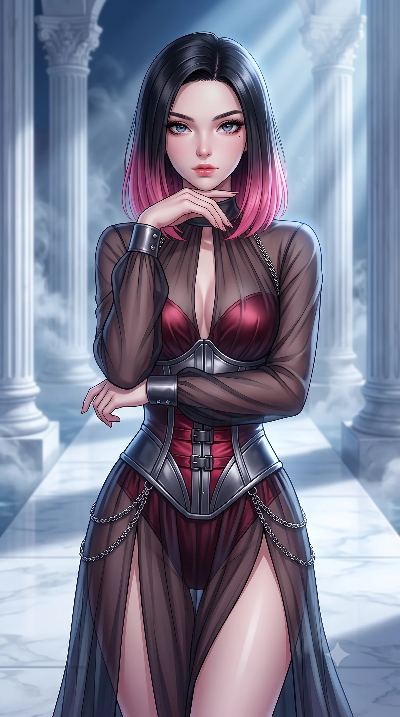 score_9, masterpiece, best quality, ultra-detailed, high-budget anime keyframe, editorial fashion photography, tasteful artistic composition, Korean woman. close-up cowboy shot from the waist and thighs up, the character dominates the composition, filling the frame with her large presence, background elements kept in soft focus. Resting her chin on the backs of her fingers with an air of effortless superiority, poised on an alabaster walkway flooded with cold silver moonbeams, alabaster columns framed by gentle water vapor in soft background focus. She has an exceptionally elegant, slender, and willowy female figure with an ultra-slim waist, a gracefully sculpted slender torso, and a refined silhouette. sharp v-shaped jawline, high-bridge nose, intricate jewel-like eyes with depth, thick eyelashes, glossy lips with a natural sheen. wearing semi-opaque sheer dark chiffon gown revealing structured corset silhouette in metallic dark silver, made of soft crimson satin, framed by dark titanium buckles and silver chain details, the fitted fabric emphasizing her ultra-slim waist. lit by clear moonbeam key rays casting soft graceful shadows. highly saturated vibrant anime colors, detailed shading with soft gradients, rich glossy textures, high-contrast stereoscopic depth, volumetric dynamic lighting, master piece, 9:16 ratio
