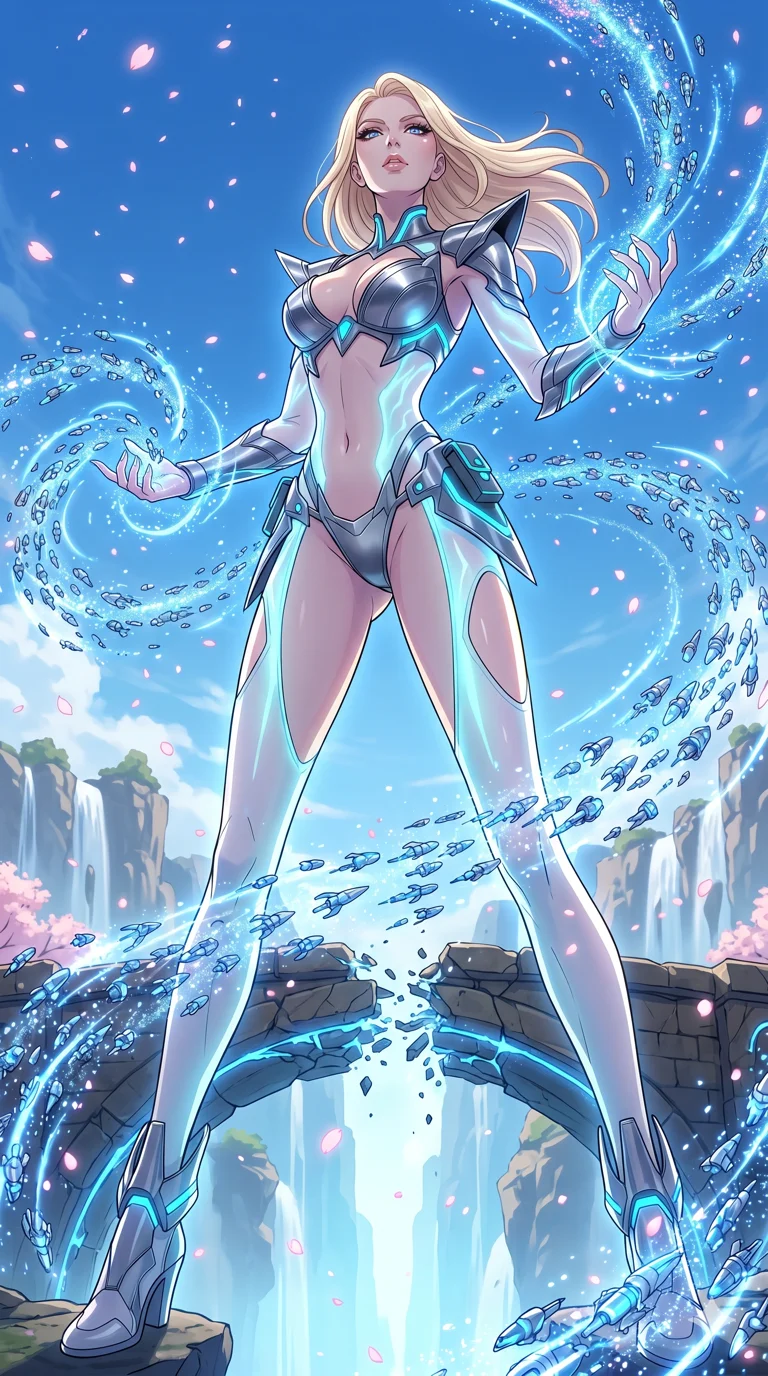 score_9, masterpiece, best quality, ultra-detailed, High-budget Anime Keyframe, vibrant colors, fluid line-art, expressive lighting, cinematic composition, Ufotable-style visual effects, top-tier animation quality, Caucasian woman with pale skin, blonde hair, and (strictly human ears). Low angle cowboy shot filling the entire 9:16 frame with her statuesque presence, looking up to emphasize her height. Orchestrating a storm of trillions of nanobots to repair a massive broken bridge over a canyon of light. She has an absolutely perfect 8-heads proportion, an exceptionally tall and slender female figure with impossibly long slender legs and an ultra-slim waist, her statuesque height and towering silhouette dominating the vertical 9:16 frame. Her face is a masterpiece featuring a sharp v-shaped jawline, high-bridge nose, intricate jewel-like eyes with depth, thick eyelashes, and glossy lips with a natural sheen. She is wearing a Metallic armor-bikini with sharp, aggressive edges and integrated energy-shield generators crafted from Bioluminescent silk that emits a soft, ethereal glow from within the fabric, with integrated neon-lit tactical gear and suggestive cutouts on the thighs. The scene is set in an ancient floating island with pink cherry blossoms falling like snow against a blue sky, illuminated by cinematic lighting with dramatic rim light that highlights her slender silhouette. 2k, ultra detail, master piece, 9:16 ratio