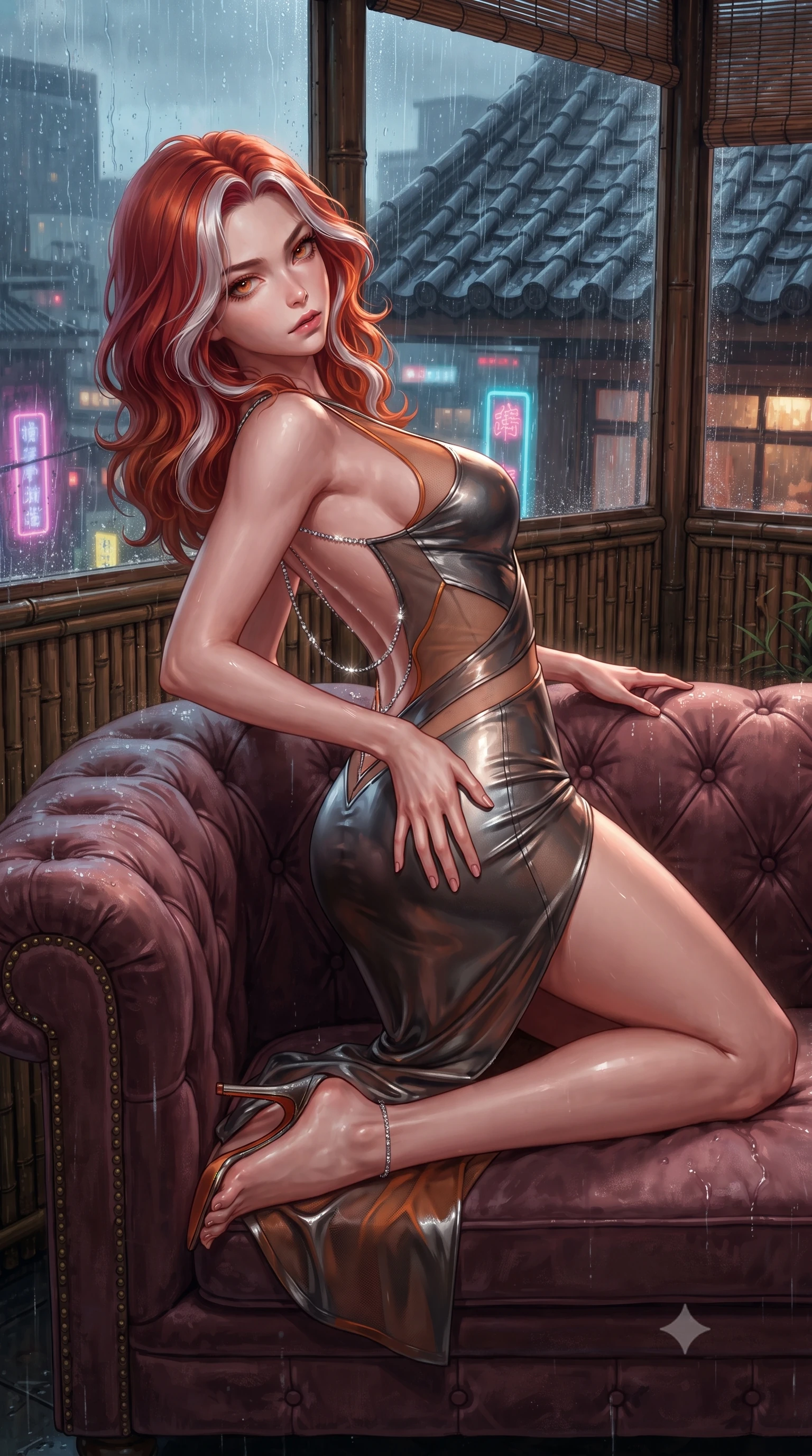 score_9, masterpiece, best quality, ultra-detailed, high-budget anime keyframe, editorial fashion photography, tasteful artistic composition, Caucasian woman. close-up cowboy shot from the waist and thighs up, the character dominates the composition, filling the frame with her large presence. arching her spine backward with effortless dancer poise, one hand sliding along her hip line as directional light carves specular highlights along her silhouette while reclining on a vintage velvet Chesterfield sofa inside a rain-streaked rooftop teahouse, one knee drawn up in a seductive Cleopatra pose. The surrounding environment is rendered in vivid detail and crisp panoramic clarity. sharp bamboo lattice textures, wet ceramic roof tiles, and glowing neon tube reflections in deep focus. She has an exceptionally elegant, slender, and willowy female figure with an ultra-slim waist, a gracefully sculpted slender torso, toned flat midriff, and rounded feminine hips creating an alluring hourglass silhouette. sharp v-shaped jawline, high-bridge nose, intricate jewel-like eyes with depth, thick eyelashes, glossy parted lips with a natural sheen, intensely captivating and seductive bedroom-eyes expression, flawlessly proportioned anatomical accuracy, strict slender model proportions, natural body alignment, perfectly sculpted long slender limbs, ultra-slim waistline, clean dynamic posture without body distortion. wearing a form-contouring wet-look silk wrap dress with asymmetrical sheer mesh cutouts in metallic gunmetal and laser orange, formed from high-gloss patent leather with sharp specular chiaroscuro, accented with a glittering dragon back chain tracing her bare spine down to her hip line, the liquid-tight tailored fabric clinging flawlessly to her narrow waist and rounded feminine hips, emphasizing every millimeter of her sculpted hourglass curves during movement. illuminated by wet specular asphalt bounce lights sharply sculpting her narrow waist and rounded hips. ultra-reflective glossy finish, specular highlights, rich textural contrasts, high-contrast stereoscopic depth, volumetric dynamic lighting, 2k, ultra detail, master piece, 9:16 ratio