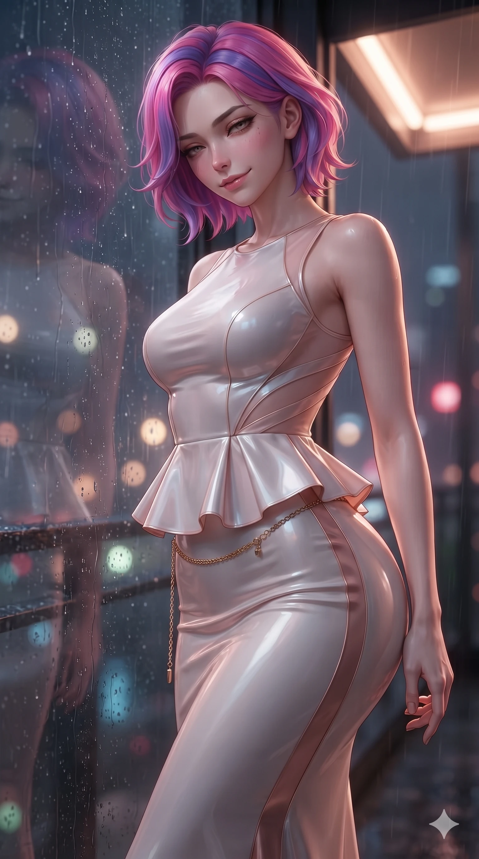 score_9, masterpiece, best quality, ultra-detailed, high-budget anime keyframe, editorial fashion photography, tasteful artistic composition, Caucasian woman. close-up cowboy shot from the waist and thighs up, the character dominates the composition, filling the frame with her large presence. tilting her head with a teasing half-smile, running one hand slowly down the side of her hip in a flirtatious S-curve as ambient light caresses her silhouette while leaning against the illuminated balcony shelter with hips cocked back, looking through rain-streaked glass with heavy-lidded seductive eyes. The background shows a soft-focus rain-slicked urban night atmosphere softened in Shanghai rooftop balcony shallow focus. She has an exceptionally elegant, slender, and willowy female figure with an ultra-slim waist, flat toned midriff, narrow ribcage, and sculpted feminine hips creating an alluring, slim hourglass silhouette without bulk. sharp v-shaped jawline, high-bridge nose, intricate jewel-like sparkling eyes with depth, thick eyelashes, glossy parted lips with a natural sheen, intensely captivating and seductive bedroom-eyes expression, exuding both youthful cute charm and sovereign luxury allure, flawlessly proportioned anatomical accuracy, strict slender model proportions, natural body alignment, perfectly sculpted long slender limbs, ultra-slim waistline, clean dynamic posture without body distortion. wearing a structural geometric peplum gown with sheer side-ribbon cutouts and form-fitting skirt in celestial porcelain white and rose-gold, made of fluid liquid jersey with seamless sculpting hold and smooth contours, accented with a delicate gold chain belt resting loosely on her curvy hips, the liquid-tight tailored fabric clinging flawlessly to her narrow waist and rounded feminine hips, emphasizing every millimeter of her sculpted slim hourglass curves without any bulky heaviness. illuminated by rain puddle bounce and sharp scarlet-violet rim lights sculpting her razor-sharp jawline, narrow waist, and curvy hips. ultra-reflective glossy finish, specular highlights, rich textural contrasts, high-contrast stereoscopic depth, volumetric dynamic lighting, 2k, ultra detail, master piece, 9:16 ratio