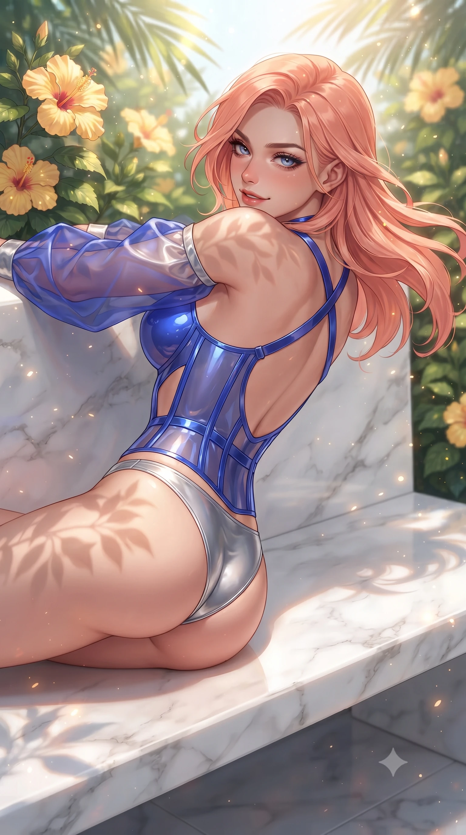 score_9, masterpiece, best quality, ultra-detailed, high-budget anime keyframe, editorial fashion photography, tasteful artistic composition, Japanese woman. close-up cowboy shot from the waist and thighs up, the character dominates the composition, filling the frame with her large presence. stretching forward with an alluring arch of her spine, glancing over her shoulder with thick eyelashes and a smoldering half-smile while reclining along a polished marble bench surrounded by blooming yellow hibiscus with an alluring smoldering gaze. The composition keeps background elements in soft focus with creamy bokeh. sun-drenched tropical foliage scattering radiant light motes across a soft background. She has an exceptionally elegant, slender, and willowy female figure with an ultra-slim waist, a gracefully sculpted slender torso, toned flat midriff, and a refined slim silhouette. sharp v-shaped jawline, high-bridge nose, intricate jewel-like eyes with depth, thick eyelashes, glossy lips with a natural sheen, flawlessly proportioned anatomical accuracy, strict slender model proportions, natural body alignment, perfectly sculpted long slender limbs, ultra-slim waistline, clean dynamic posture without body distortion. wearing a structured translucent cyber-corset paired with high-cut metallic bikini briefs and sheer organza sleeves in liquid electric cobalt blue and polished silver, crafted from ultra-reflective second-skin latex with a high-gloss glass-like polish, complemented by criss-cross back straps highlighting her completely bare spine, the precision-cut daring openings accentuating her delicate midriff, graceful bare collarbones, and ultra-slim feminine waistline. illuminated by fresh botanical ambient radiance with organic leaf-shadow stencils on her skin. ultra-reflective glossy finish, specular highlights, metallic sheen, high-contrast stereoscopic depth, volumetric dynamic lighting, 2k, ultra detail, master piece, 9:16 ratio