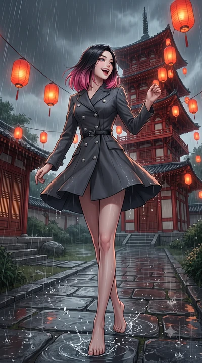 score_9, masterpiece, best quality, ultra-detailed, high-budget anime keyframe, editorial fashion photography, tasteful artistic composition, Korean woman. low angle full-body shot from head to toe showing her feet, filling the entire 9:16 vertical f