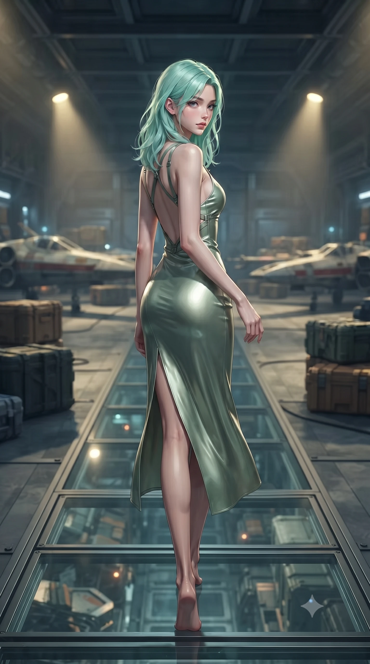 score_9, masterpiece, best quality, ultra-detailed, high-budget anime keyframe, editorial fashion photography, tasteful artistic composition, Japanese woman. low angle full-body shot from head to toe showing her feet, filling the entire 9:16 vertical frame with her statuesque presence, stretching her vertical silhouette. walking slowly along a glass skybridge, looking back over her shoulder with an air of effortless grace, the background shows a soft-focus a capsule hotel garage runway with parked fighter crafts and cargo crates. She has an absolutely perfect, statuesque 8.5-heads proportion, an exceptionally tall and slender model-like female figure with impossibly long slender legs and an ultra-slim waist. sharp v-shaped jawline, high-bridge nose, intricate jewel-like eyes with depth, thick eyelashes, glossy lips with a natural sheen. wearing a body-hugging lightweight silk combat slip dress in sage green, featuring a high side slit and a low-cut back. harsh sodium yellow spotlights casting dramatic industrial shadows. ultra-reflective glossy finish, specular highlights, metallic sheen, high-contrast stereoscopic depth, volumetric dynamic lighting, 2k, ultra detail, master piece, 9:16 ratio