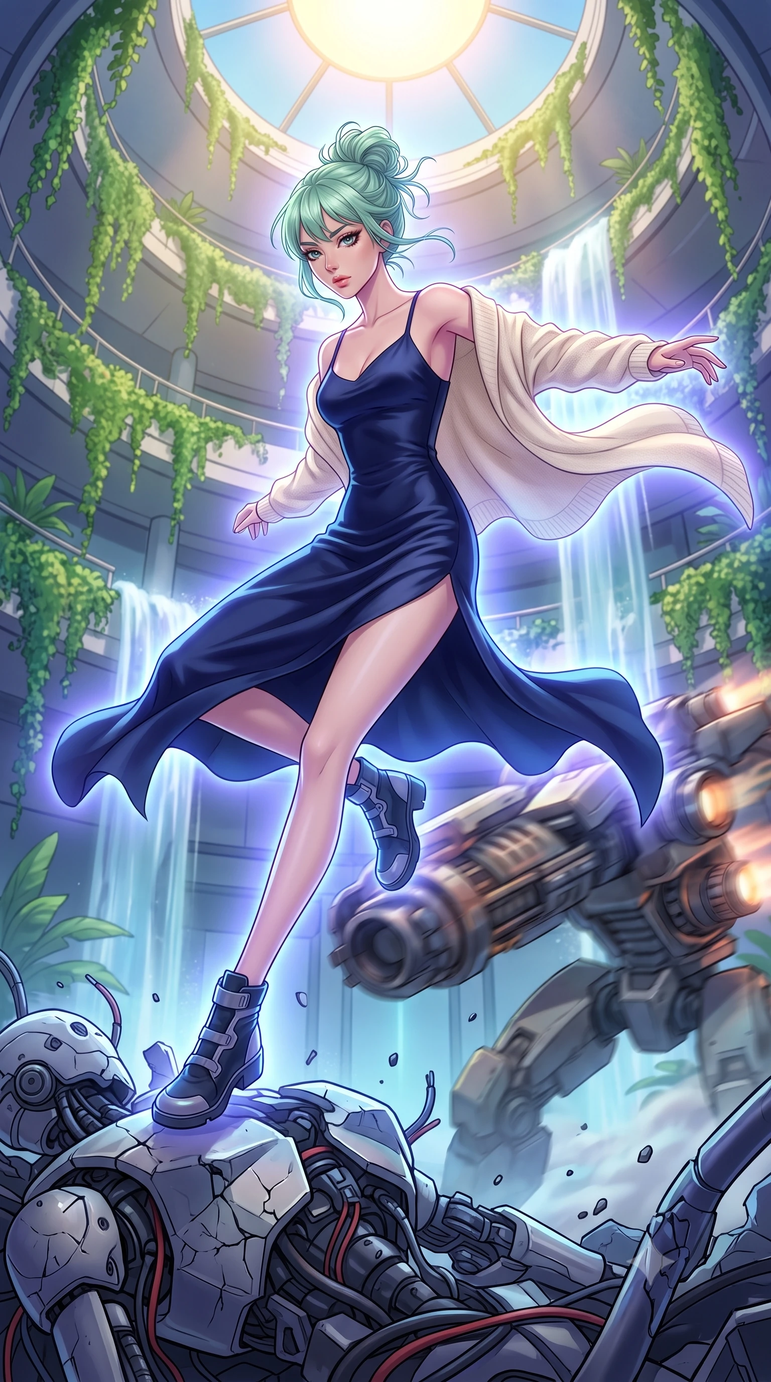 score_9, masterpiece, best quality, ultra-detailed, high-budget anime keyframe, editorial fashion photography, tasteful artistic composition, Japanese woman. low angle full-body shot from head to toe showing her feet, filling the entire 9:16 vertical frame with her statuesque presence, stretching her vertical silhouette. acrobatically dodging a heavy mech's swipe by vaulting off a pile of cybernetic debris through a futuristic garden inside an arcology skyscraper, balconies covered in cascading green vines and waterfalls, an artificial sun in the ceiling. She has a statuesque 8.5-heads proportion, an exceptionally tall, slender and willowy model-like build with impossibly long legs and a highly sculpted ultra-slim waist. sharp v-shaped jawline, high-bridge nose, intricate jewel-like eyes with depth, thick eyelashes, glossy lips with a natural sheen. wearing the lightweight fabric rippling and billowing dramatically with her movement, a slim-fit deep navy silk slip midi dress featuring a tasteful side thigh slit, layered with a soft cream knit shawl. highly saturated vibrant anime colors, intense vivid color palette, soft 3D volumetric shading, volumetric dynamic lighting, cool ethereal blue-violet bioluminescent glow wrapping around her from all sides. 2k, ultra detail, master piece, 9:16 ratio