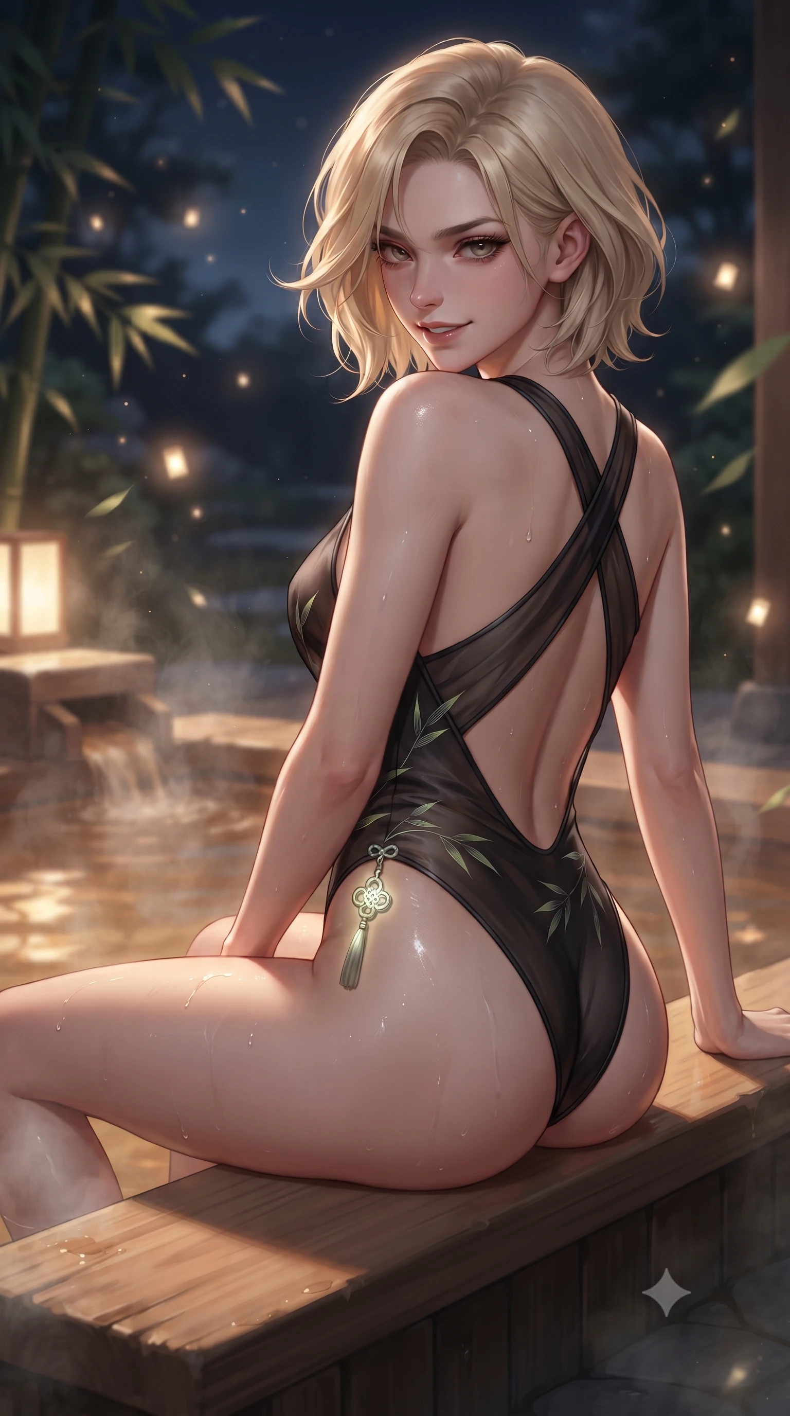 score_9, masterpiece, best quality, ultra-detailed, high-budget anime keyframe, editorial fashion photography, tasteful artistic composition, Caucasian woman. close-up cowboy shot from the waist and thighs up, the character dominates the composition, filling the frame with her large presence. turning over a bare shoulder with an intoxicating, teasing smile, her soft hair framing her sharp jawline as her hips angle gracefully while reclining on the cedar bench with legs extended toward the warm water, head tilted back toward the full moon with smoldering bedroom-eyes. The composition keeps background elements in soft focus with creamy bokeh. drifting bamboo leaves and glowing lantern light rays scattering soft luminous light motes. She has an exceptionally elegant, slender, and willowy female figure with an ultra-slim waist, a gracefully sculpted slender torso, toned flat midriff, and rounded feminine hips creating an alluring hourglass silhouette. sharp v-shaped jawline, high-bridge nose, intricate jewel-like eyes with depth, thick eyelashes, glossy parted lips with a natural sheen, intensely captivating and seductive bedroom-eyes expression, flawlessly proportioned anatomical accuracy, strict slender model proportions, natural body alignment, perfectly sculpted long slender limbs, ultra-slim waistline, clean dynamic posture without body distortion. wearing a second-skin thermal onsen monokini with high-cut hip openings and crossed back straps in pitch black silk with neon bamboo leaf accents, crafted from traditional Korean gossamer silk organza with pearlescent luster, accented with a glowing metallic norigae knot charm resting against her hip, the dramatically scooped open back descending to the base of her spine, accentuating her razor-sharp statuesque lines and curvy hourglass silhouette. illuminated by wet specular highlights accentuating her slender neckline, sculpted waist, and rounded hips. ultra-reflective glossy finish, specular highlights, rich textural contrasts, high-contrast stereoscopic depth, volumetric dynamic lighting, 2k, ultra detail, master piece, 9:16 ratio