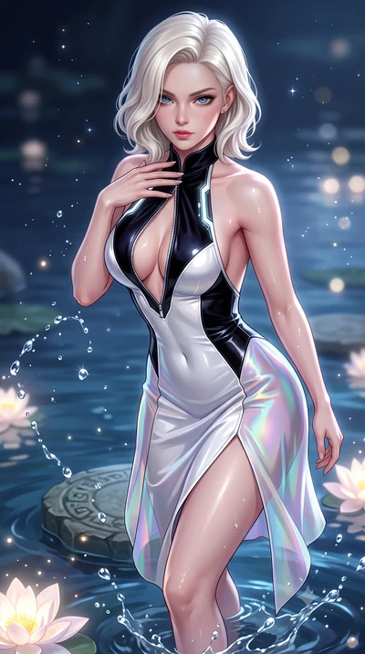 score_9, masterpiece, best quality, ultra-detailed, high-budget anime keyframe, semi-realistic 3D game render, editorial fashion photography, tasteful artistic composition, Caucasian woman. close-up cowboy shot from the waist and thighs up, the chara