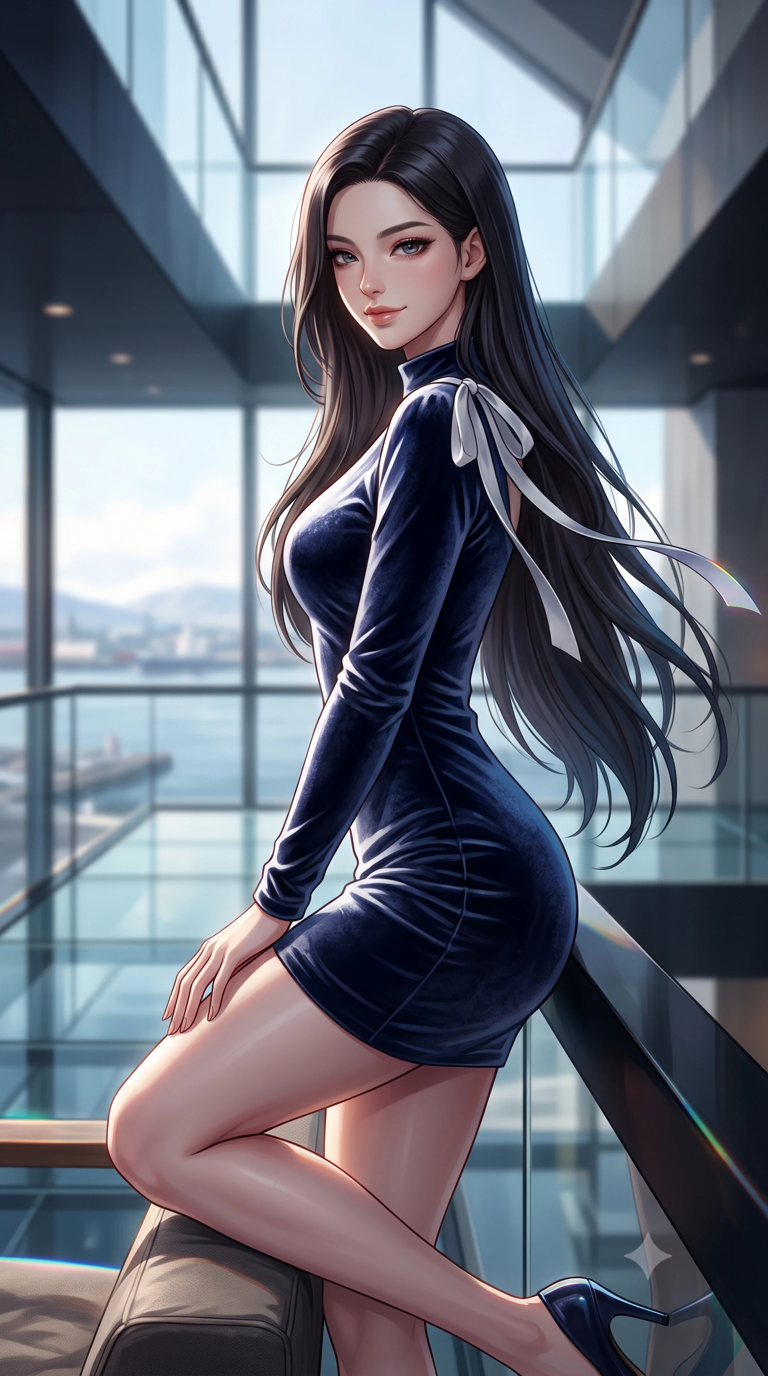 score_9, masterpiece, best quality, ultra-detailed, high-budget anime keyframe, editorial fashion photography, tasteful artistic composition, Korean woman. close-up cowboy shot from the waist and thighs up, the character dominates the composition, filling the frame with her large presence. perched sideways on the lounge seat, one knee drawn up to showcase her slender leg line while her arched back accentuates her feminine hip curve while leaning against the cantilevered black steel atrium balustrade with hips cocked back, looking out over Reykjavik harbor with smoldering bedroom-eyes. The background shows a soft-focus soaring architectural ceiling voids softened in iconic Nordic cultural landmark shallow focus. She has an exceptionally elegant, slender, and willowy female figure with an ultra-slim waist, flat toned midriff, narrow ribcage, and sculpted feminine hips creating an alluring, slim hourglass silhouette without bulk. sharp v-shaped jawline, high-bridge nose, intricate jewel-like sparkling eyes with depth, thick eyelashes, glossy parted lips with a natural peach sheen, bright cheerful beaming smile with an enchanting and coquettish sensual glint, exuding both youthful cute charm and seductive allure, flawlessly proportioned anatomical accuracy, strict slender model proportions, natural body alignment, perfectly sculpted long slender limbs, ultra-slim waistline, clean dynamic posture without body distortion. wearing a tailored velvet bodycon cocktail dress with long fitted sleeves and mock neck in Mount Fuji snow-peak white and midnight indigo silk, crafted from bespoke double-faced cashmere with an exceptionally soft tactile finish, finished with satin ribbon ties at the shoulders fluttering in the gentle breeze, the impeccably tailored cut draping gracefully along her slender figure with aristocratic poise. illuminated by glass floor reflection bounce and sharp prism-rainbow rim lights defining her razor-sharp jawline, narrow waist, and curvy hips. ultra-reflective glossy finish, specular highlights, rich textural contrasts, high-contrast stereoscopic depth, volumetric dynamic lighting, 2k, ultra detail, master piece, 9:16 ratio