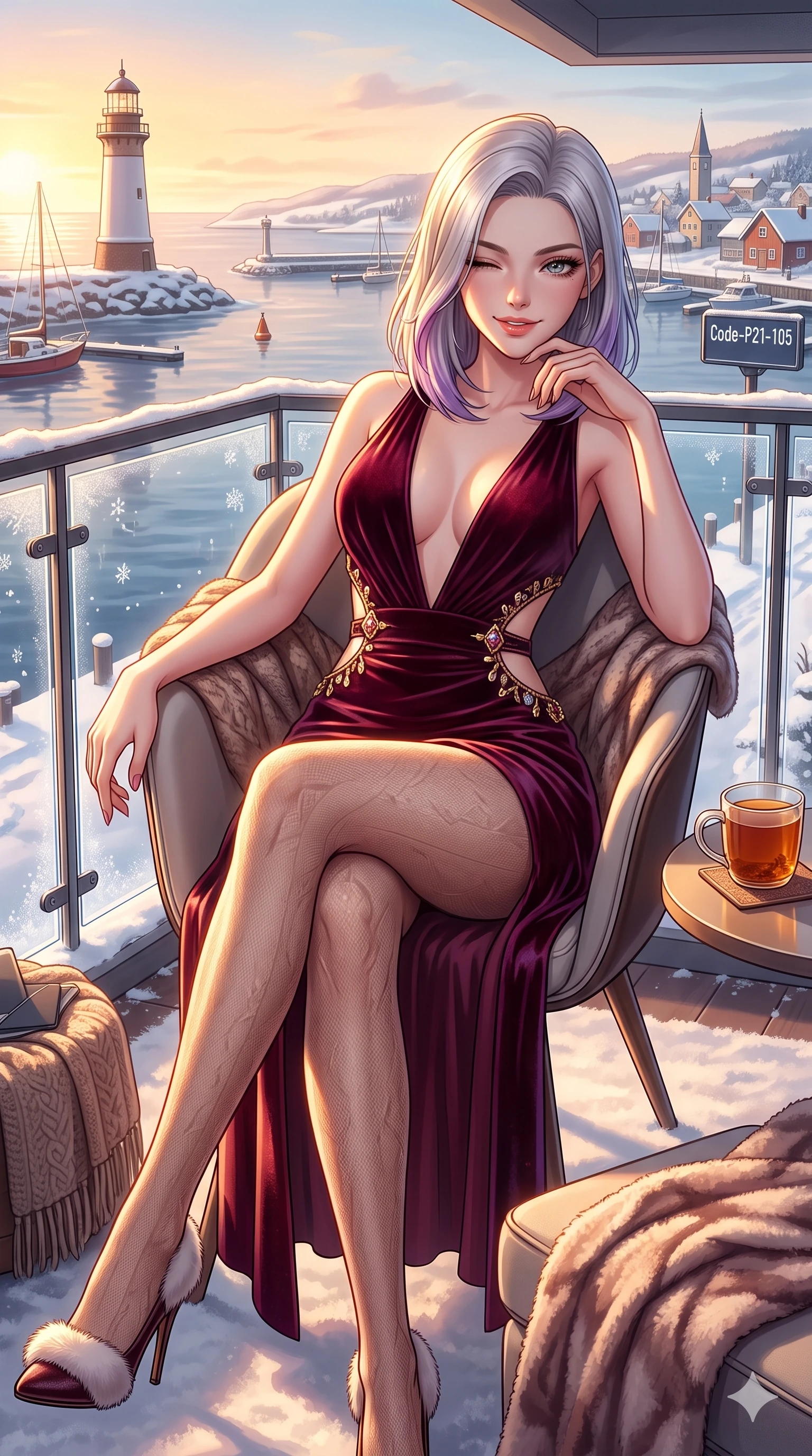 score_9, masterpiece, best quality, ultra-detailed, high-budget anime keyframe, vibrant anime aesthetic, Caucasian woman, strictly human ears. cowboy shot from the thighs up, character and outfit filling the frame for maximum presence. She is sitting in a sunlit chair, winking with a cheerful and sensual winter smile on a glass-walled balcony showing a snowy harbor (Code-P21-105). She has an absolutely perfect 8-heads proportion, an exceptionally tall and slender female figure with impossibly long slender legs and an ultra-slim waist. V-shaped jawline, high-bridge nose, intricate jewel-like eyes with depth, thick eyelashes, glossy lips with a natural sheen. wearing a plunging neckline dress with side cutouts in velvet. She is bathed in warm golden hour winter sunset light, casting long shadows across her form. 2k, ultra detail, master piece, 9:16 ratio