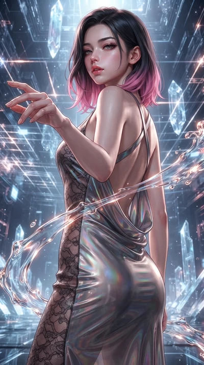 score_9, masterpiece, best quality, ultra-detailed, high-budget anime keyframe, editorial fashion photography, tasteful artistic composition, Korean woman. close-up cowboy shot from the waist and thighs up, the character dominates the composition, fi