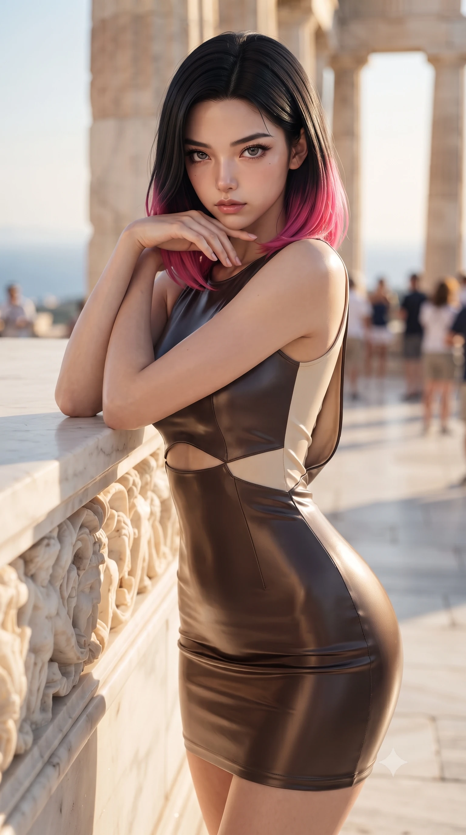 score_9, masterpiece, best quality, ultra-detailed, high-budget anime keyframe, editorial fashion photography, tasteful artistic composition, Korean woman. close-up cowboy shot from the waist and thighs up, the character dominates the composition, filling the frame with her large presence, background elements kept in soft focus. Resting her chin on the backs of her fingers, casting a sharp, mysterious gaze poised beside a carved marble frieze reflecting warm golden sunbeams, intense Mediterranean sun beams illuminating polished white marble surfaces. She has an exceptionally elegant, slender, and willowy female figure with an ultra-slim waist, a gracefully sculpted slender torso, and a refined silhouette. sharp v-shaped jawline, high-bridge nose, intricate jewel-like eyes with depth, thick eyelashes, glossy lips with a natural sheen. wearing a precision-fitted liquid jersey bodycon dress with a draped back in espresso brown and warm cream, formed from sleek second-skin neoprene, featuring subtle geometric cutouts that highlight her ultra-slim midriff, the tailored fabric tightly following every curve of her athletic build. surrounded by a noble, timeless acropolis radiance. ultra-reflective glossy finish, specular highlights, metallic sheen, high-contrast stereoscopic depth, volumetric dynamic lighting, 2k, ultra detail, master piece, 9:16 ratio