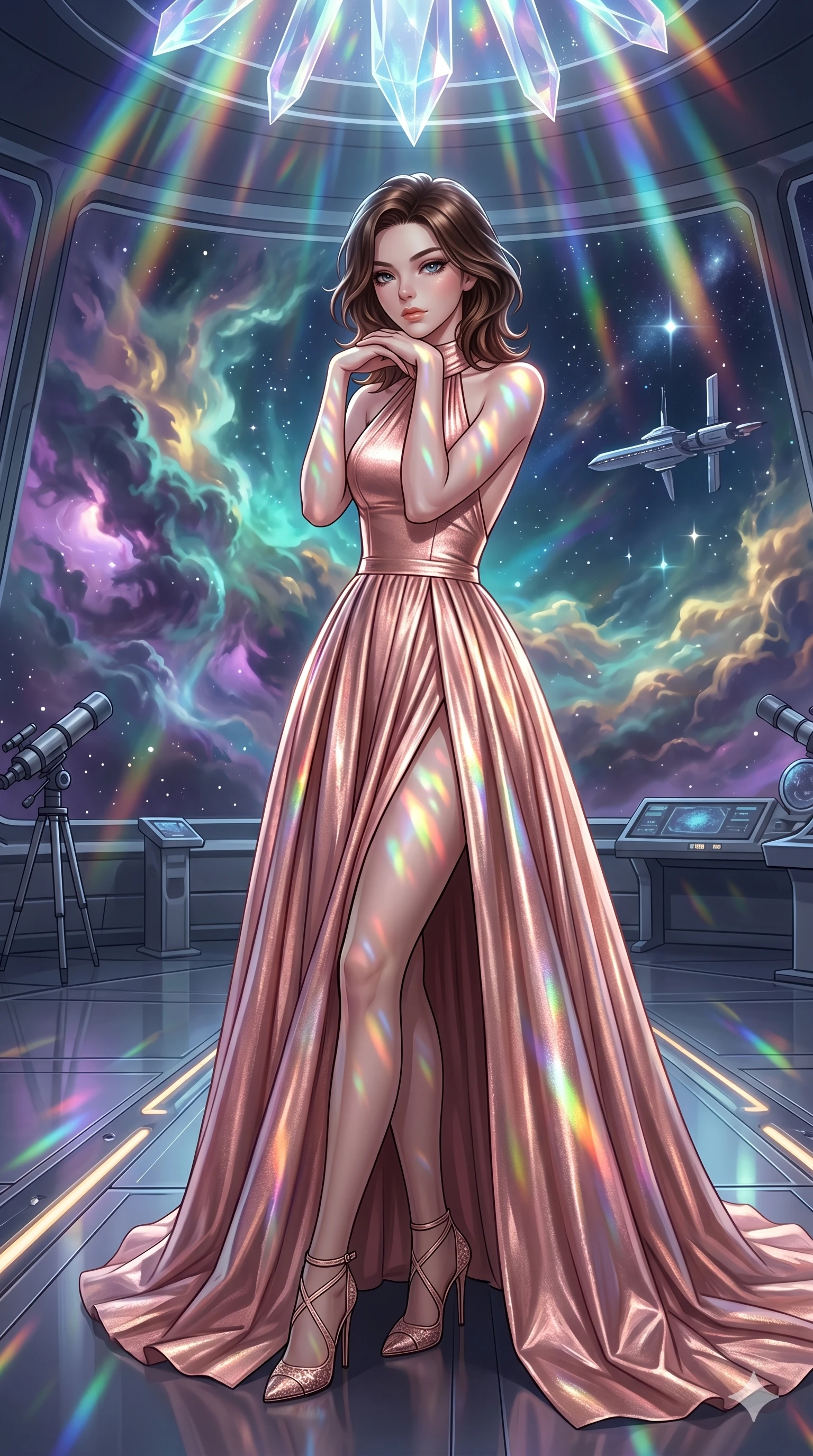 score_9, masterpiece, best quality, ultra-detailed, high-budget anime keyframe, editorial fashion photography, tasteful artistic composition, Korean woman. cowboy shot from the thighs up, character and outfit filling the frame for maximum editorial presence. Resting her chin on the backs of her fingers in a confident pose inside a deep-space observatory with nebula clouds of violet and teal drifting past panoramic windows. She has an absolutely perfect 8-heads proportion, an exceptionally tall and slender female figure with impossibly long slender legs and an ultra-slim waist. V-shaped jawline, high-bridge nose, intricate jewel-like eyes with depth, thick eyelashes, glossy lips with a natural sheen. wearing an architectural halter-neck couture gown in rose-gold lamé with a high open-back, a precision-fitted bodice, and a full floor-sweeping skirt with a high front slit revealing long elegant legs. illuminated by cascading rainbow prismatic light refracting through crystal overhead and casting patterns on her skin. 2k, ultra detail, master piece, 9:16 ratio