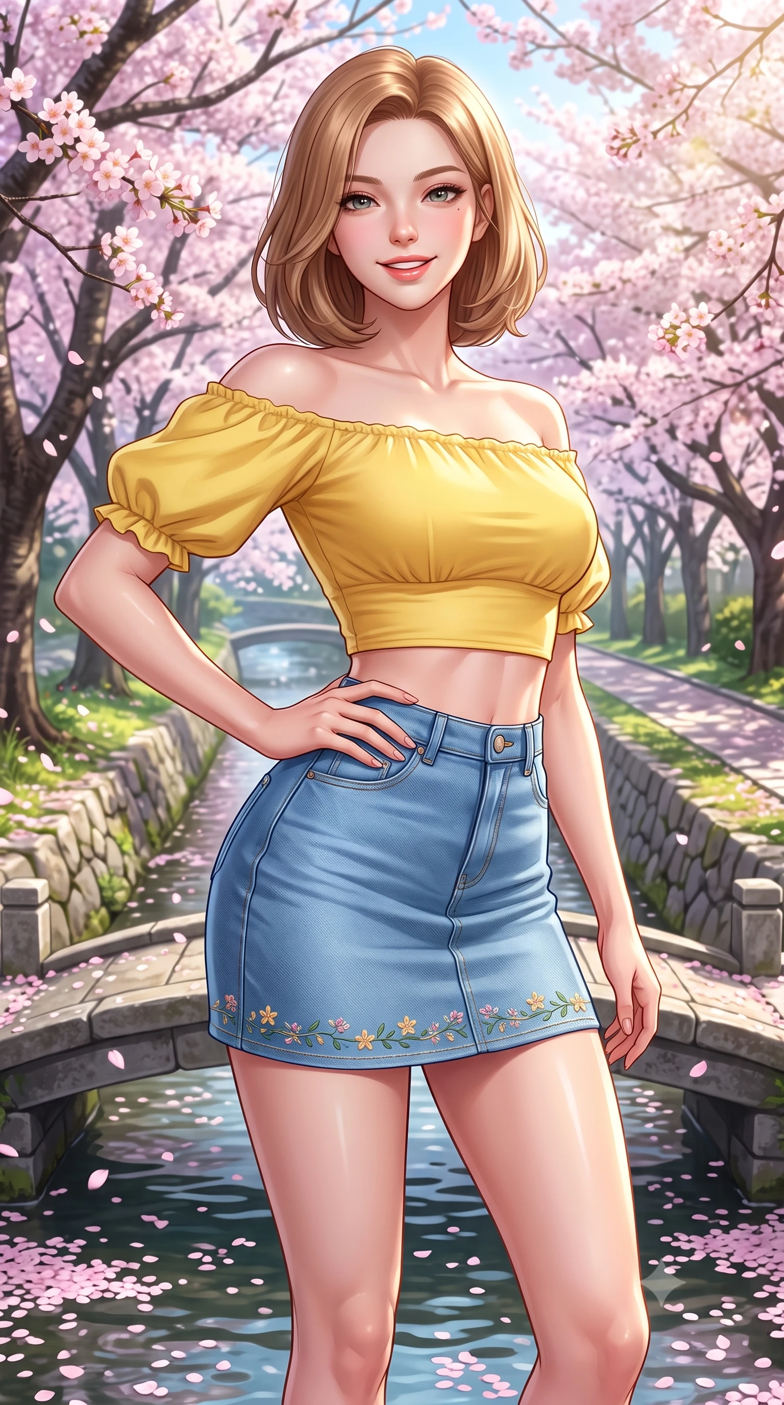 score_9, masterpiece, best quality, ultra-detailed, high-budget anime keyframe, semi-realistic 3D game render, editorial fashion photography, tasteful artistic composition, Korean woman. close-up cowboy shot from the waist and thighs up, the character dominates the composition, filling the frame with her large presence. twisting her slender torso in an alluring contrapposto stance, one hand resting on her sculpted hip while flashing a radiant, playful smile with parted glossy lips while standing poised on a small arched stone footbridge, twisting her slender torso in an alluring contrapposto stance as pink petals drift on water. The surrounding environment is rendered in vivid detail and crisp panoramic clarity. detailed silk dress drape, soft sun glints on skin, and Philosopher's Path landscape clarity in high resolution. She has an exceptionally elegant, slender, and willowy female figure with an ultra-slim waist, flat toned midriff, narrow ribcage, and sculpted feminine hips creating an alluring, slim hourglass silhouette without bulk. sharp v-shaped jawline, high-bridge nose, intricate jewel-like sparkling eyes with depth, thick eyelashes, glossy parted lips with a natural peach sheen, bright cheerful beaming smile with an enchanting and coquettish sensual glint, exuding both youthful cute charm and seductive allure, flawlessly proportioned anatomical accuracy, strict slender model proportions, natural body alignment, perfectly sculpted long slender limbs, ultra-slim waistline, clean dynamic posture without body distortion. wearing an off-shoulder puff-sleeve crop blouse with a tight high-waisted denim A-line mini skirt emphasizing her curvy hips in sunny daffodil yellow and clear sky blue, crafted from liquid-tight stretch jersey emphasizing every curve, complemented by delicate embroidered floral trim along the hem, the liquid-tight tailored fabric clinging flawlessly to her narrow waist and rounded feminine hips, emphasizing every millimeter of her sculpted slim hourglass curves without any bulky heaviness. bathed in bright morning spring sunlight scattering through blooming flower canopies. highly saturated vibrant anime colors, detailed shading with soft gradients, rich glossy textures, high-contrast stereoscopic depth, volumetric dynamic lighting, master piece, 9:16 ratio