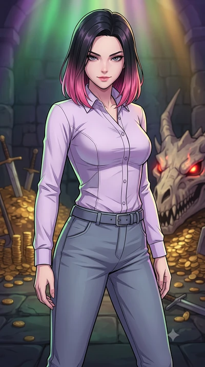 score_9, masterpiece, best quality, ultra-detailed, high-budget anime keyframe, clean line-art, cel-shading, Korean woman. close-up cowboy shot from the waist and thighs up, the character dominates the composition, filling the frame with her large pr